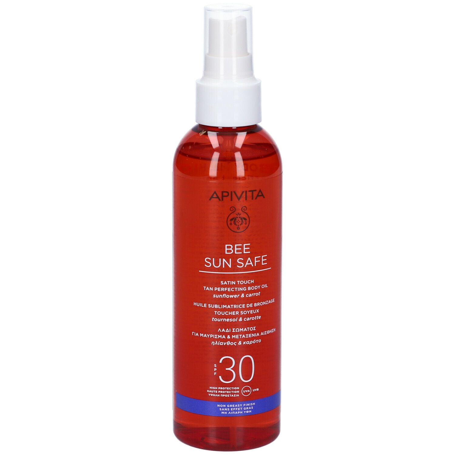 Olio APIVITA Bee Sun Safe. Liquido rosso in flacone spray. SPF 30. Erogatore bianco.