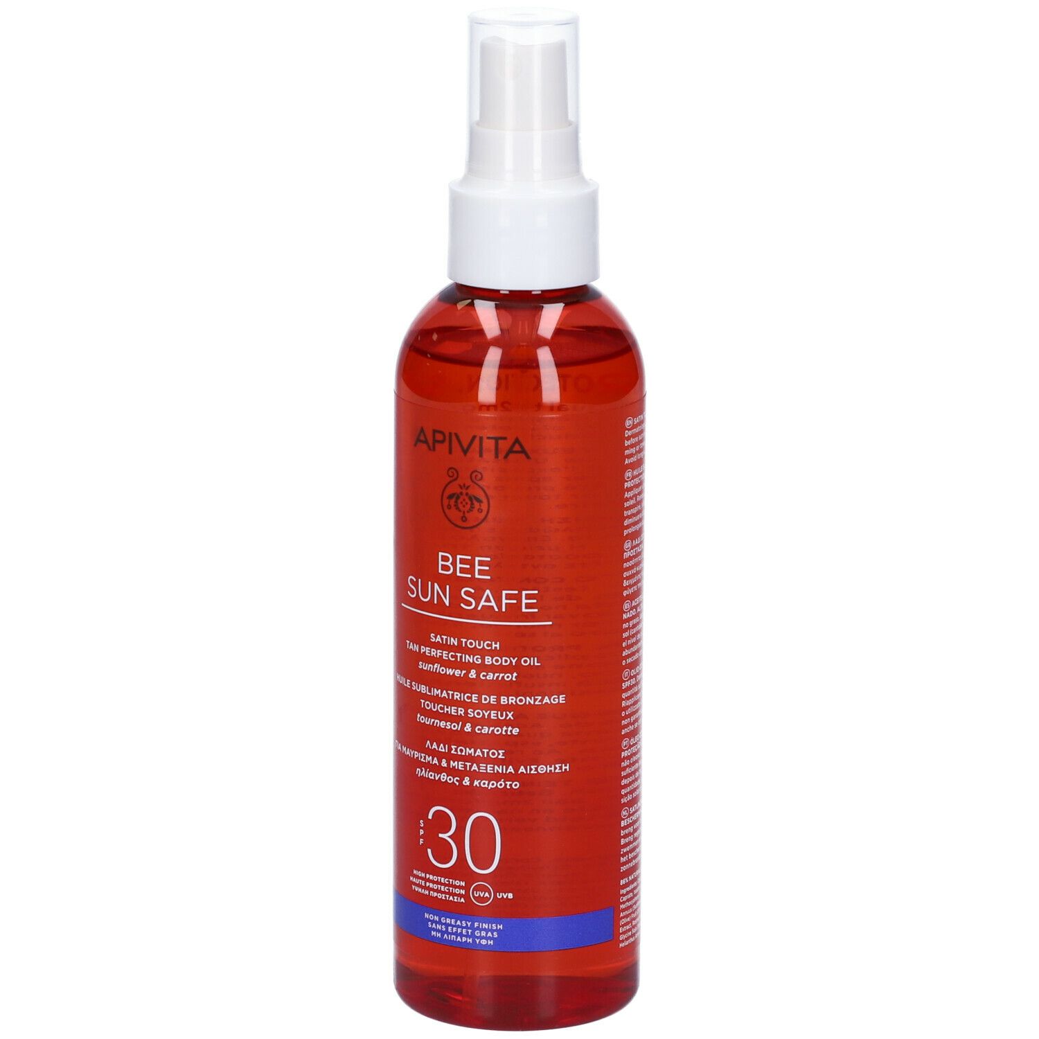 Olio APIVITA Bee Sun Safe. Liquido rosso in flacone spray. SPF 30. Erogatore bianco.
