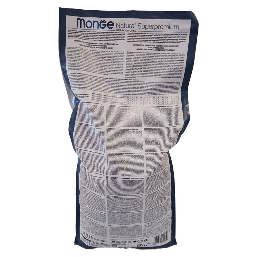 Retro del sacchetto di cibo per cani. Informazioni testuali su sfondo bianco. Monge Natural Superpremium.