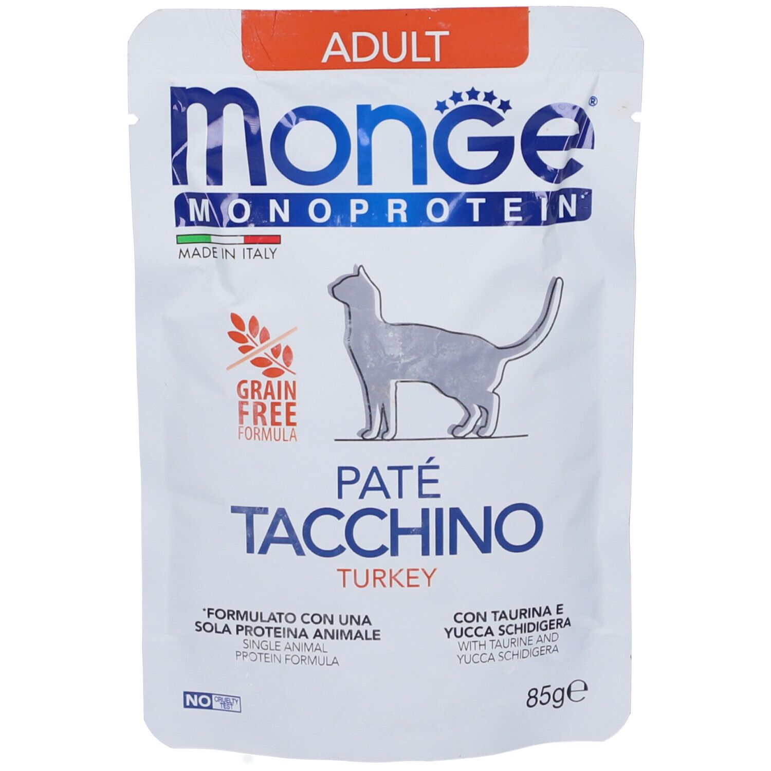 Monge Monoprotein Paté Tacchino Gatti Adulti. Busta con immagine del prodotto, testo e logo.