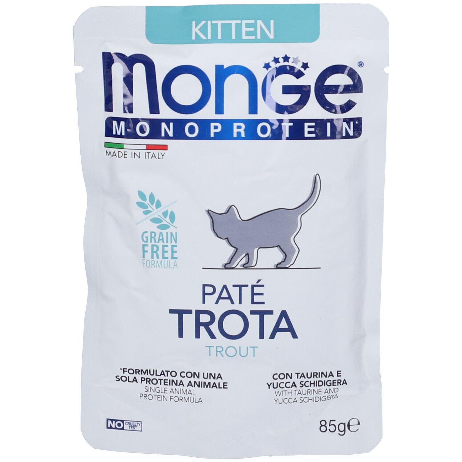 Monge Kitten Pate Trota Gatti. Bustina con immagine e testo. 'Grain Free'. 'Monoprotein'. 'Made in Italy'.