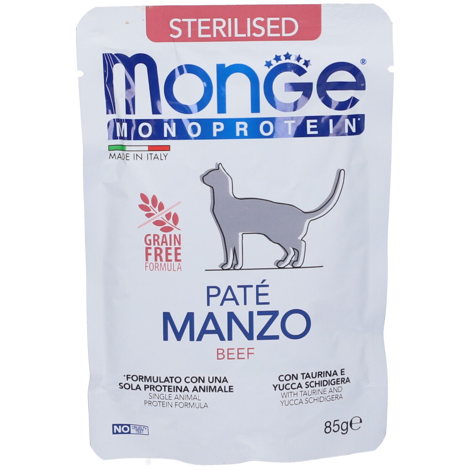 Busta bianca Monge Monoprotein Paté Manzo. Scritta: gatto, « Grain Free », « Beef », « Sterilised ». 85g.