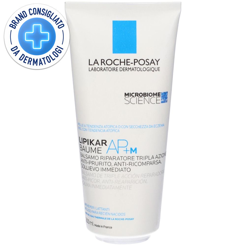 Tubo bianco e blu. Scritta: La Roche-Posay, Lipikar Baume AP+M. Logo: Brand Consigliato da Dermatologi.