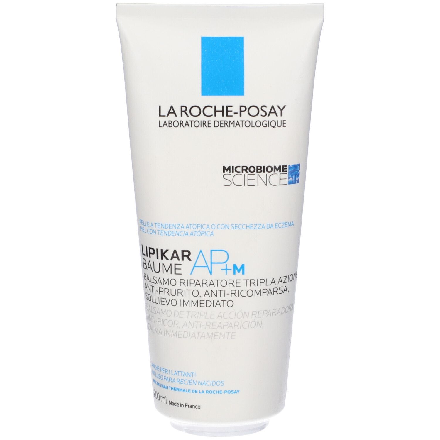 Tubo bianco e blu. Scritta: La Roche-Posay, Lipikar Baume AP+M. Vista del prodotto.