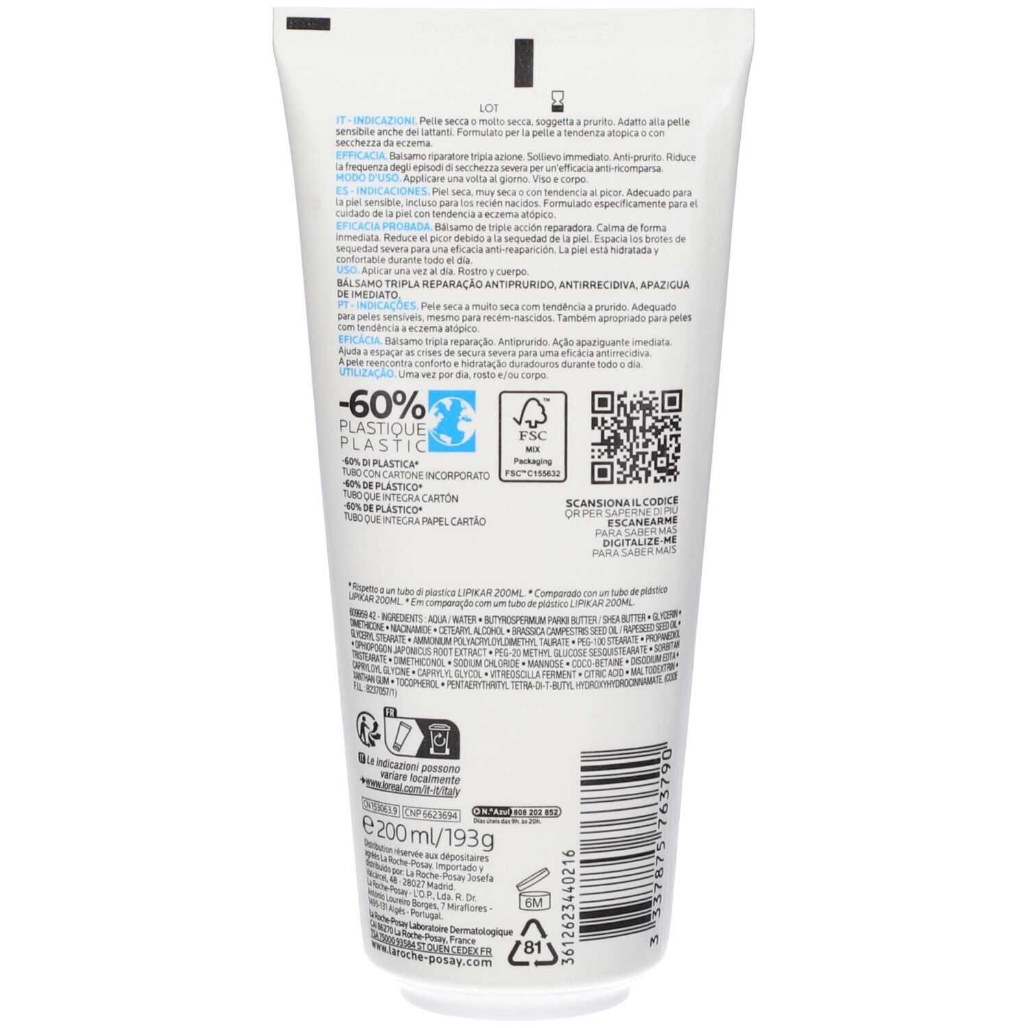 Retro del tubo. Testo: informazioni sul prodotto, ingredienti, codice QR, logo FSC, 60% plastica riciclata.