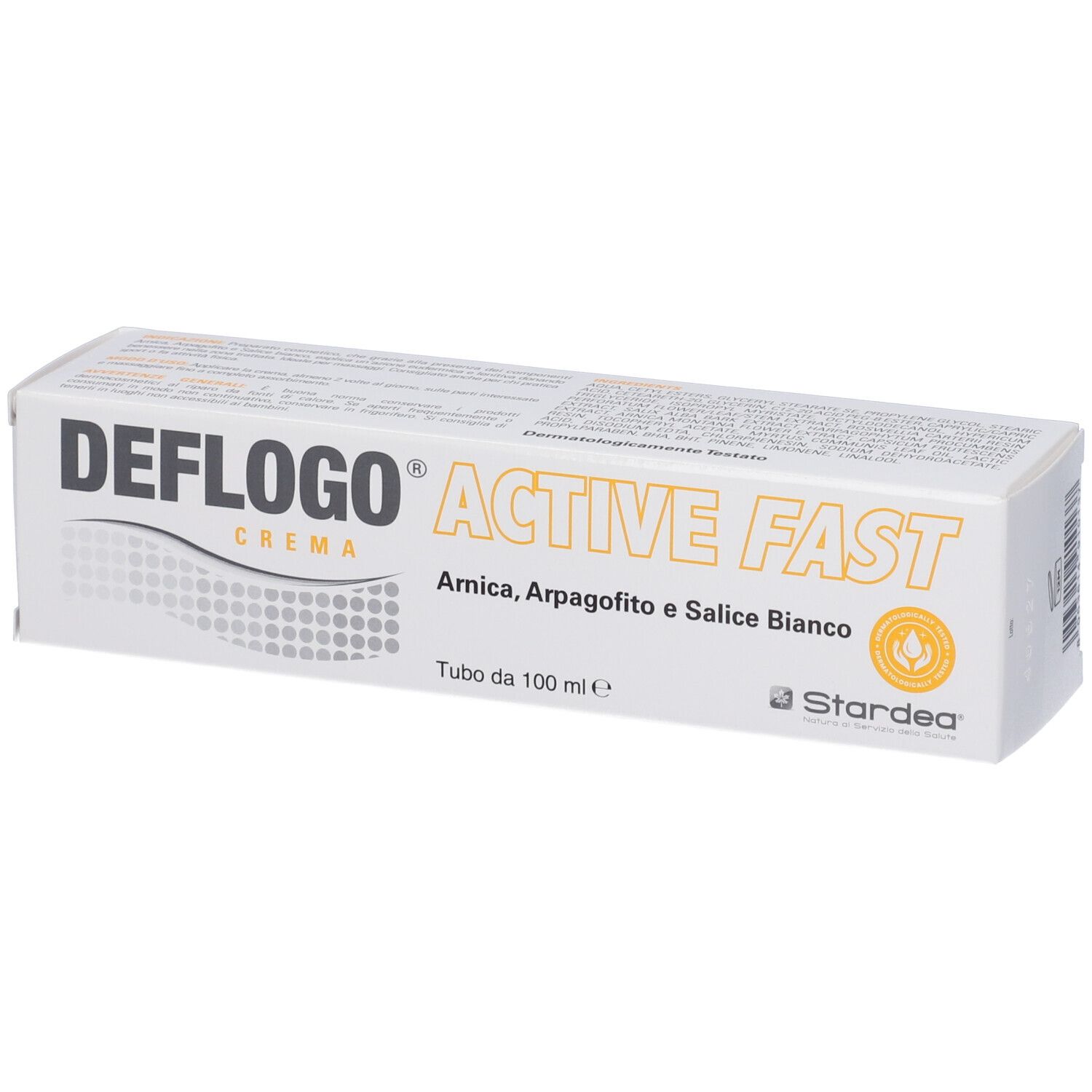 Verpackung von Deflogo Crema. Weißer Karton mit Produktnamen und Inhaltsstoffen. Logo und Schriftzug in Schwarz und Orange.