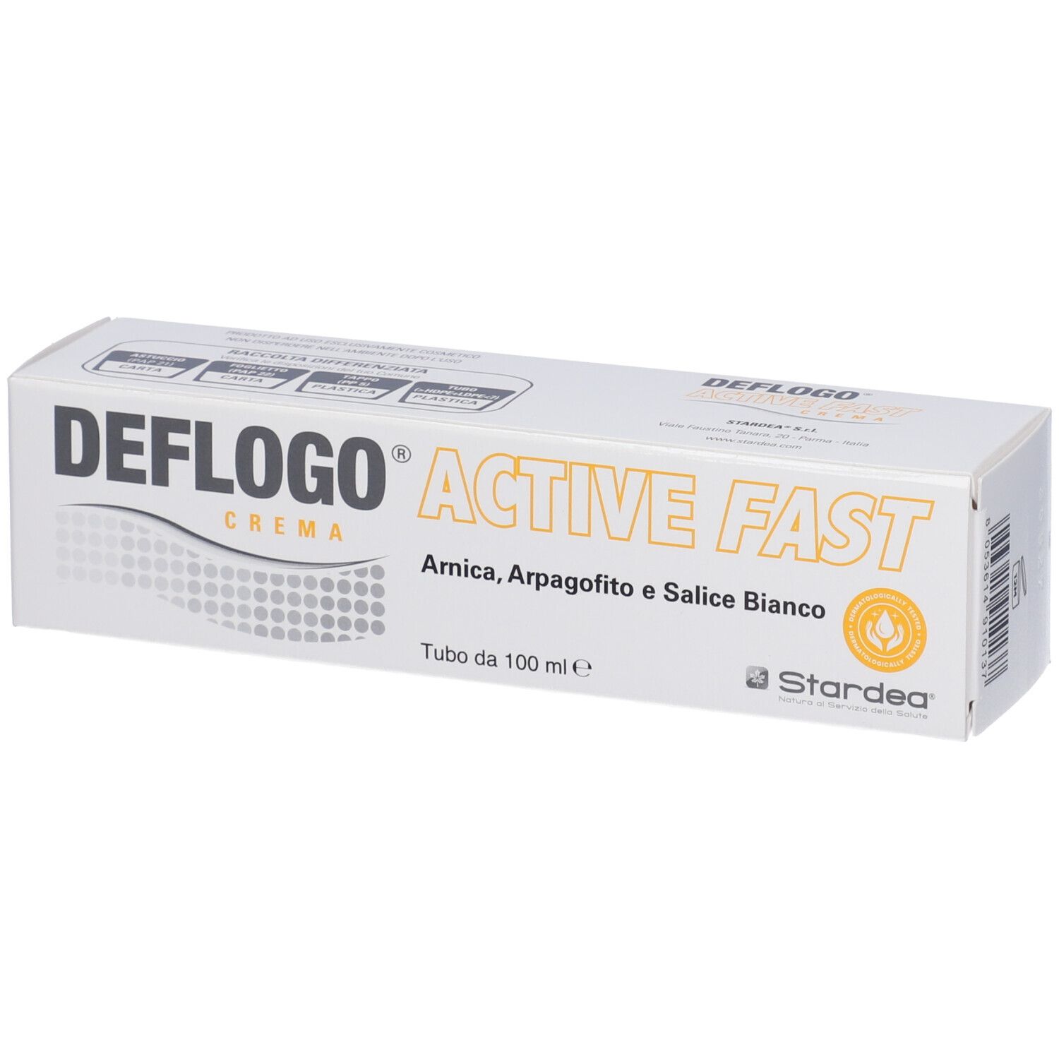 Verpackung von Deflogo Crema. Weißer Karton mit Produktnamen und Inhaltsstoffen. Logo und Schriftzug in Schwarz und Orange.
