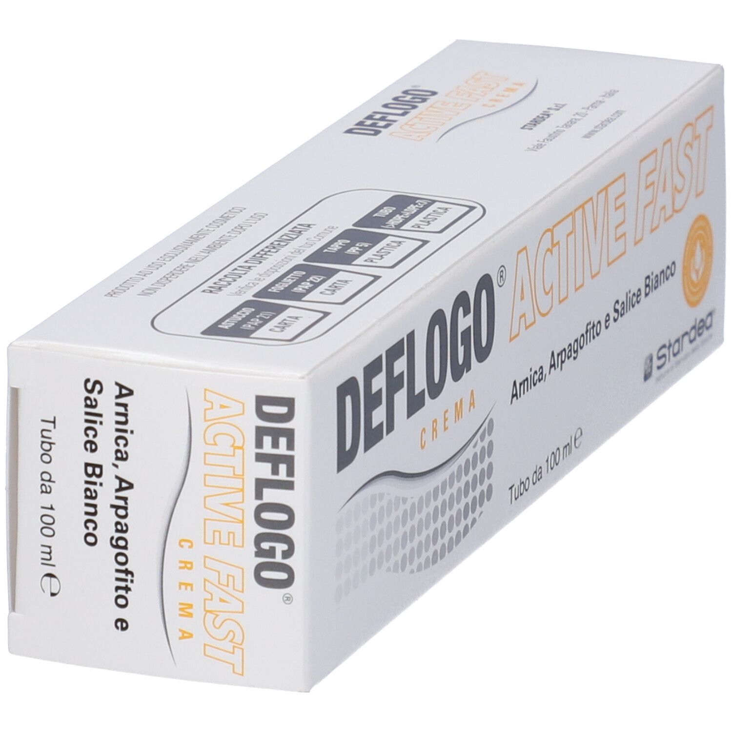 Schräg gestellte Verpackung von Deflogo Crema. Weißer Karton mit Produktnamen und Inhaltsstoffen. Logo und Schriftzug in Schwarz und Orange.