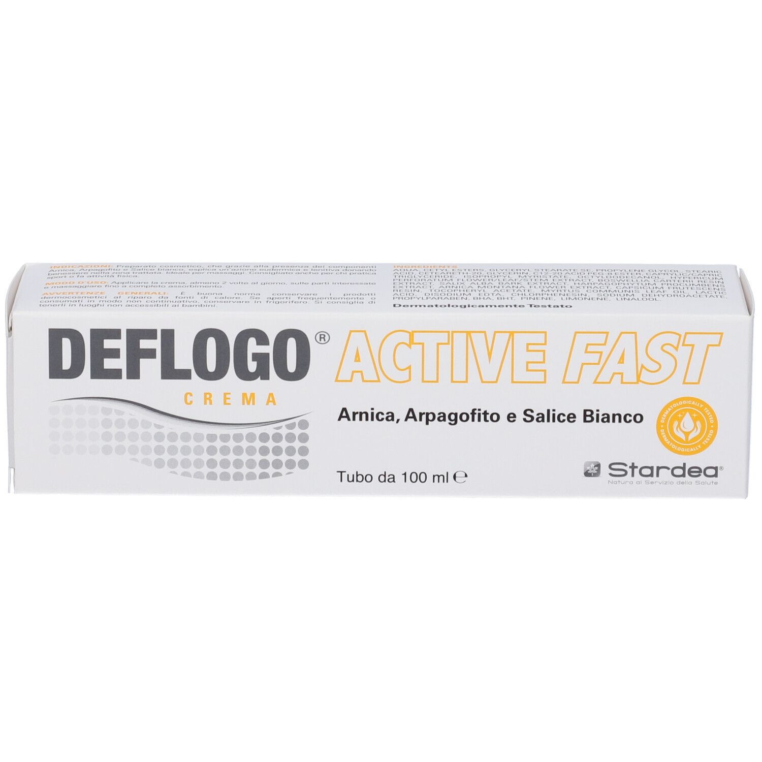 Verpackung von Deflogo Crema. Weißer Karton mit Produktnamen und Inhaltsstoffen. Logo und Schriftzug in Schwarz und Orange.