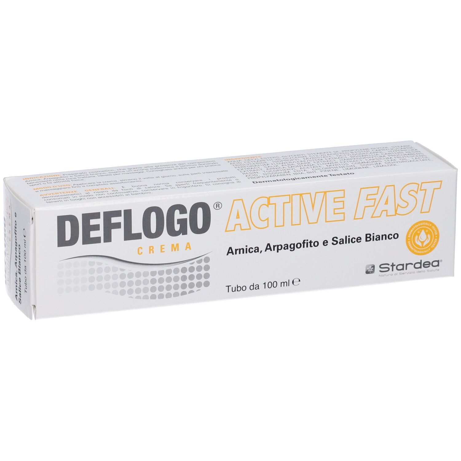 Verpackung von Deflogo Crema. Weißer Karton mit Produktnamen und Inhaltsstoffen. Logo und Schriftzug in Schwarz und Orange.