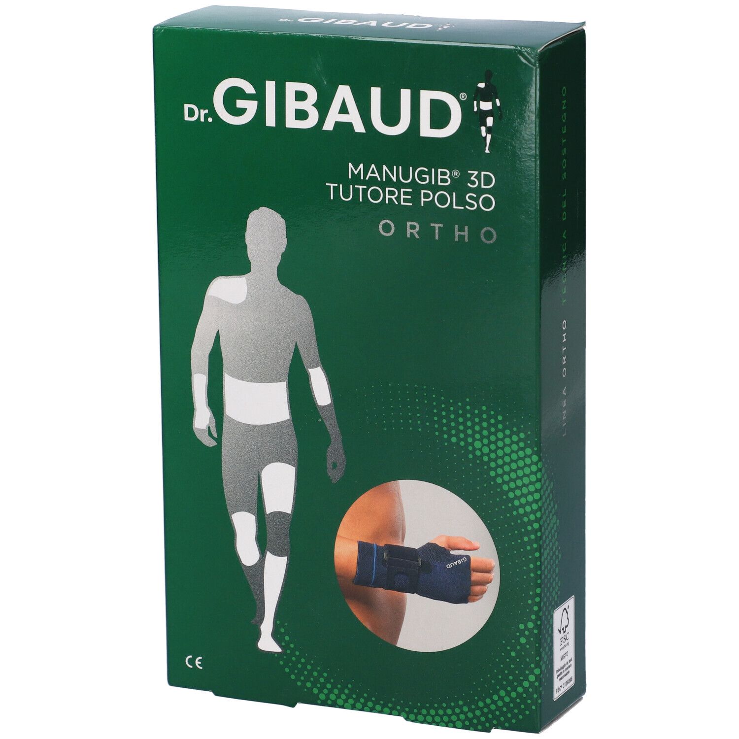 Scatola Dr. Gibaud Manugib 3D Dx 1. Verde, immagine prodotto e logo. Marchio CE.