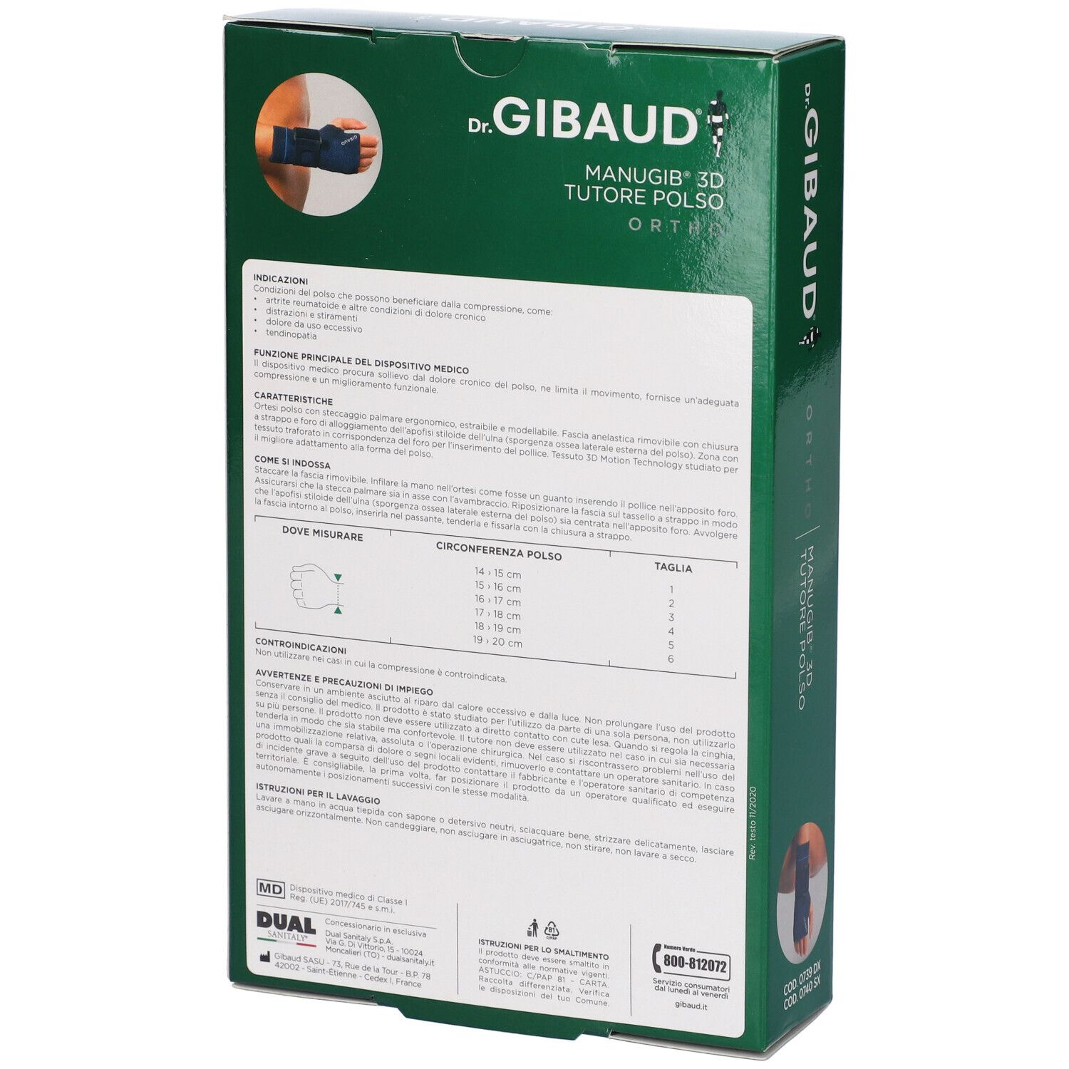 Retro della scatola Dr. Gibaud Manugib 3D Dx 1. Informazioni e tabella taglie.