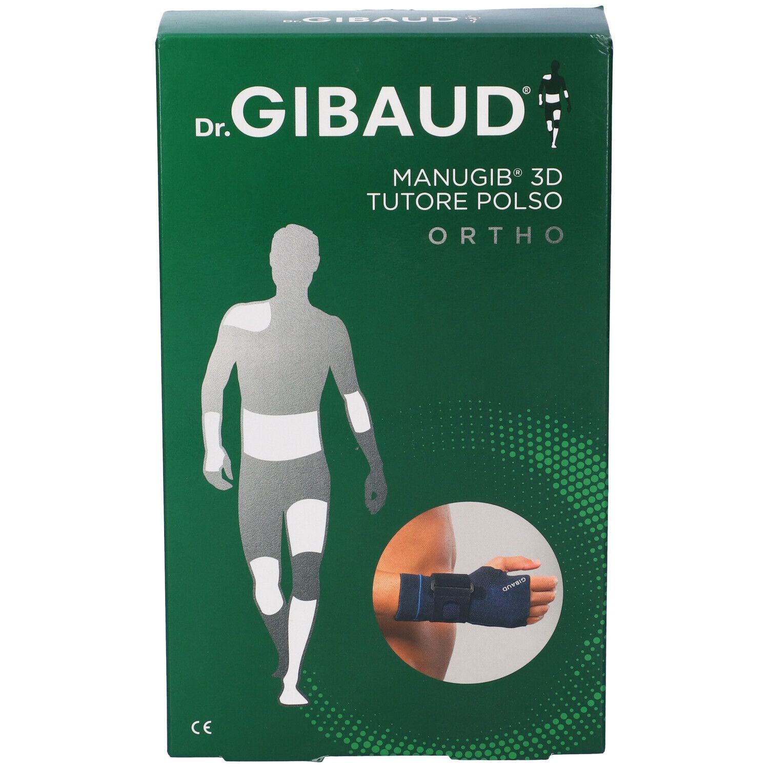 Fronte della scatola Dr. Gibaud Manugib 3D Dx 1. Verde con immagine e logo.