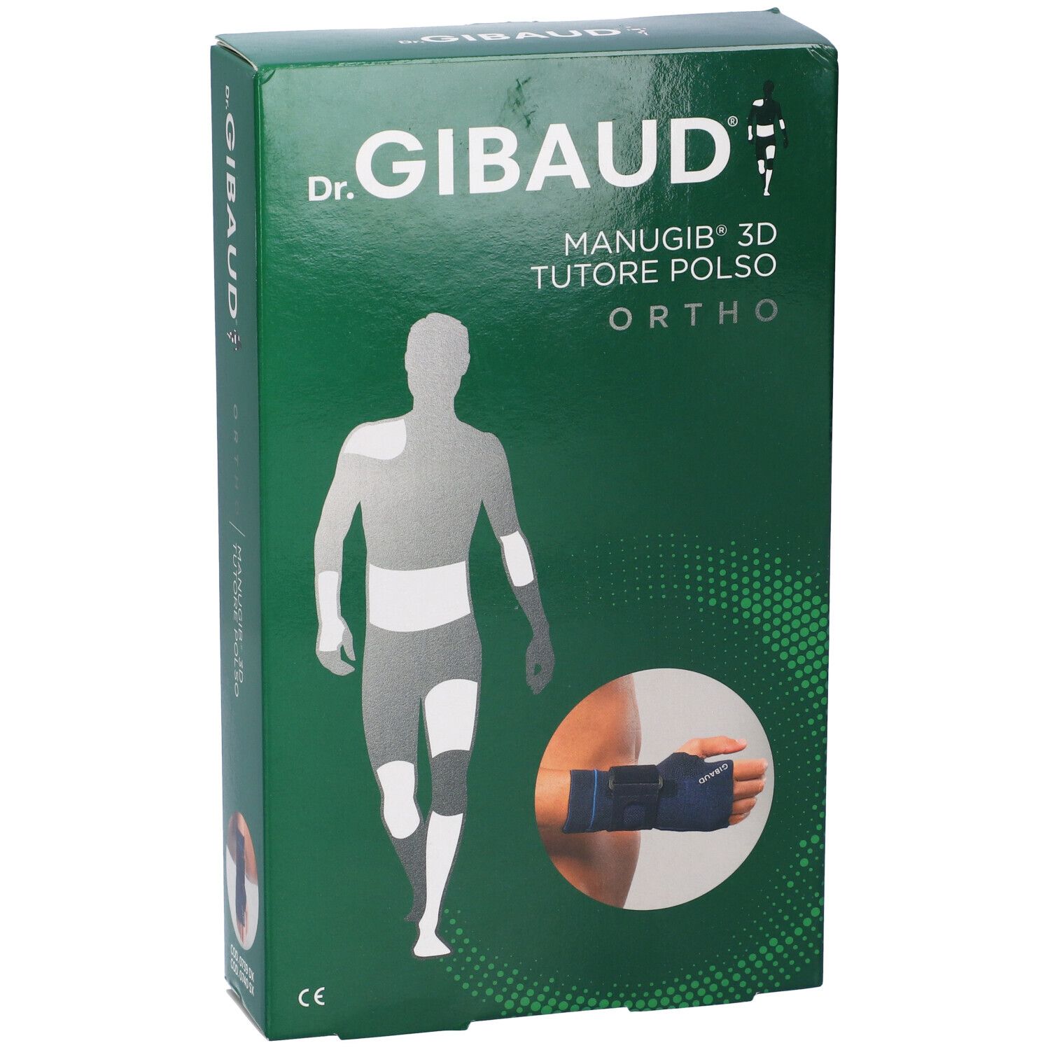 Vista obliqua della scatola Dr. Gibaud Manugib 3D Dx 1. Verde con immagine e logo.