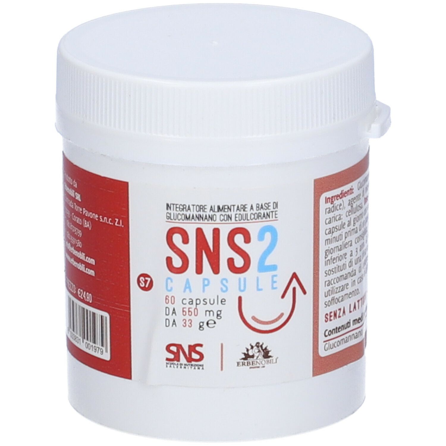 Contenitore in plastica bianca con etichetta rossa. Scritta: SNS2 Capsule, 60 capsule. Grafica freccia.