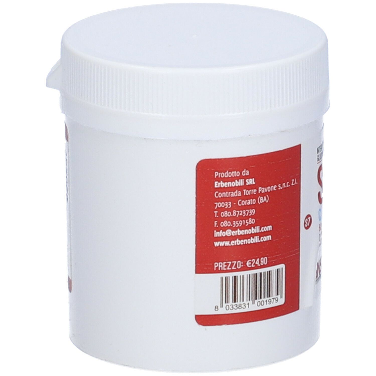 Contenitore in plastica bianca. Etichetta rossa con informazioni produttore e codice a barre. Prezzo: 24,80 €.