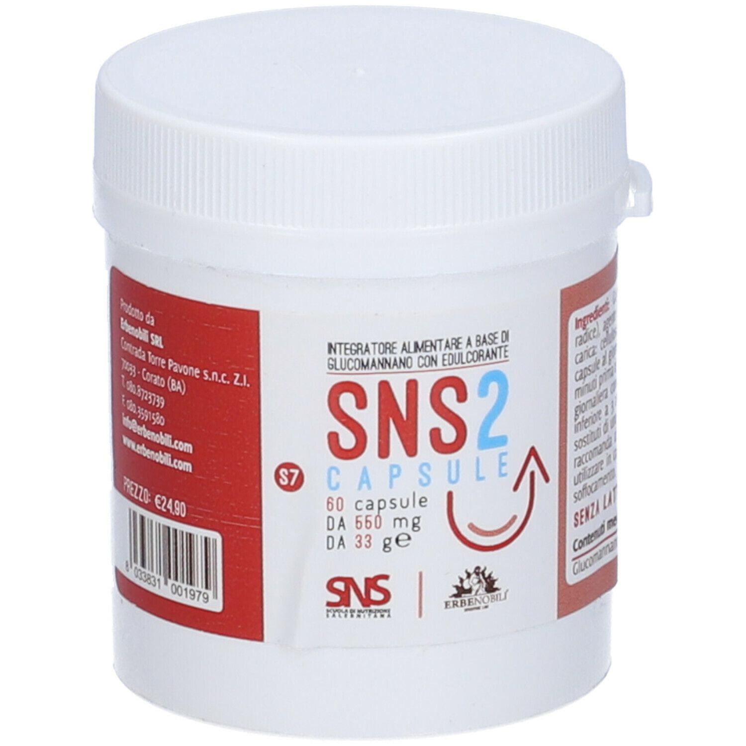 Contenitore in plastica bianca con etichetta rossa. Scritta: SNS2 Capsule, 60 capsule. Grafica freccia.