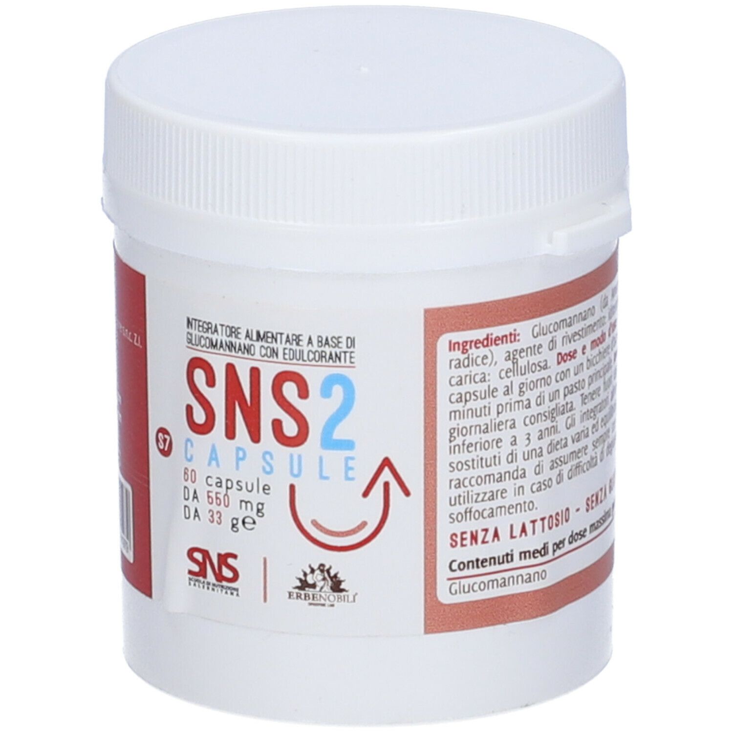 Contenitore in plastica bianca con etichetta rossa. Scritta: SNS2 Capsule, 60 capsule. Grafica freccia. Testo.