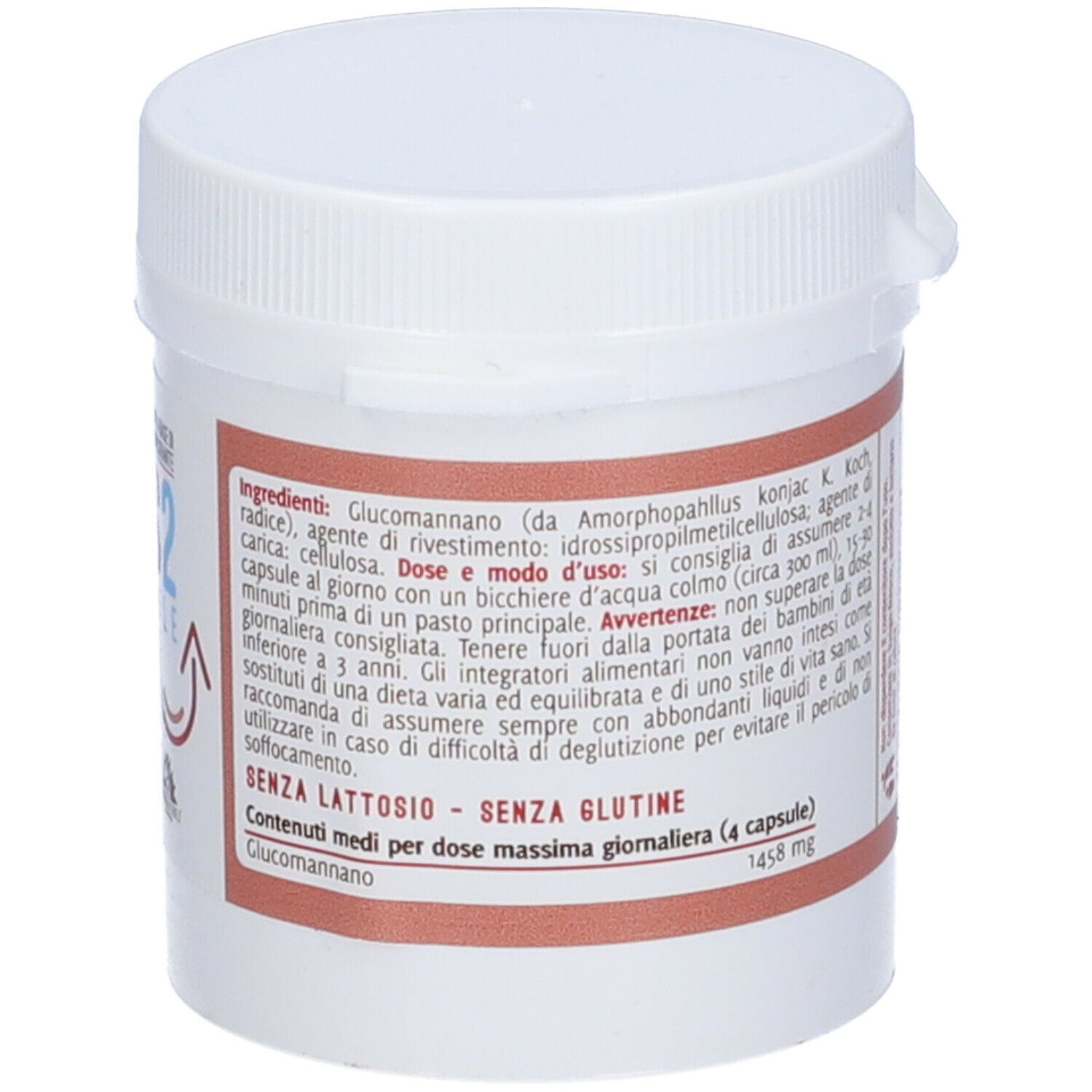Contenitore in plastica bianca. Etichetta rossa con ingredienti e testo. Scritta: Senza lattosio, Senza glutine.