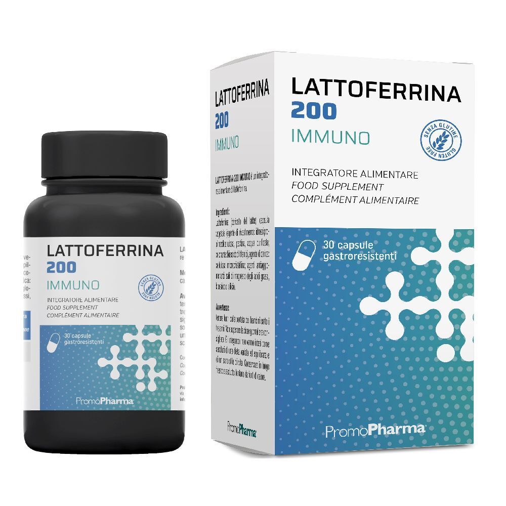 Flacon noir et boîte avec impression du produit. Inscription : Lattoferrina 200 IMMUNO. 30 gélules.