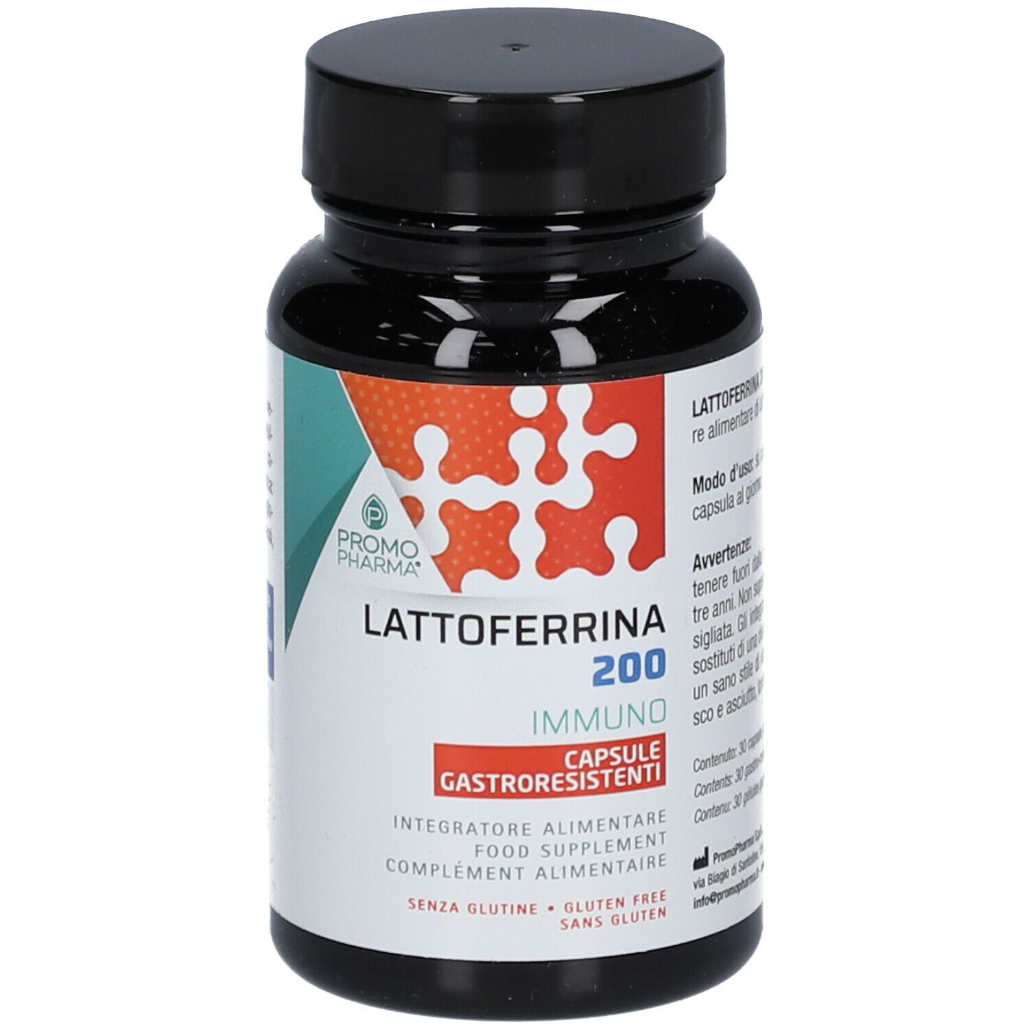 Flacon noir avec impression du produit. Inscription : Lattoferrina 200 IMMUNO. Gélules. Sans gluten.
