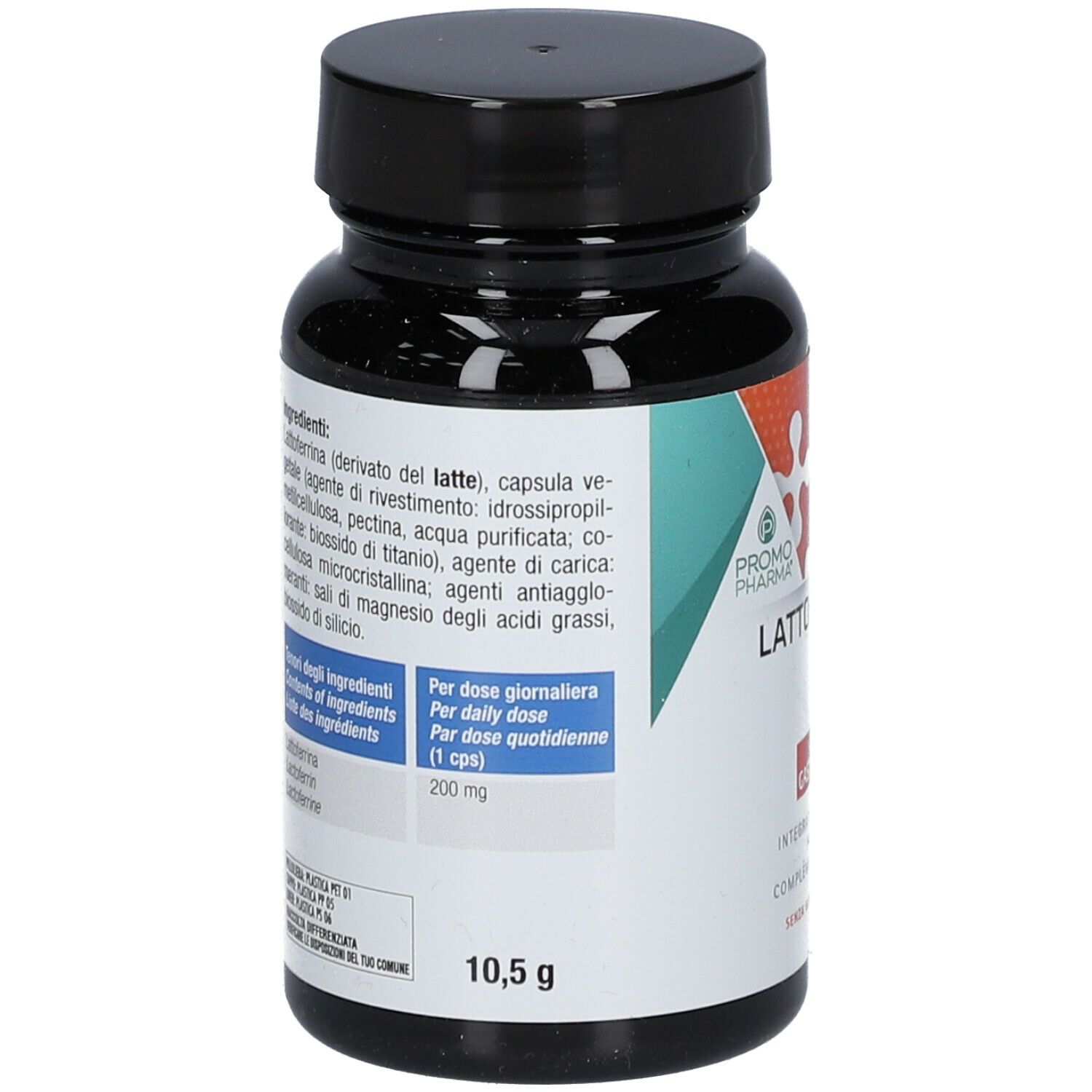 Dos du flacon noir. Inscription : Lattoferrina 200 IMMUNO. Liste des ingrédients, informations nutritionnelles.