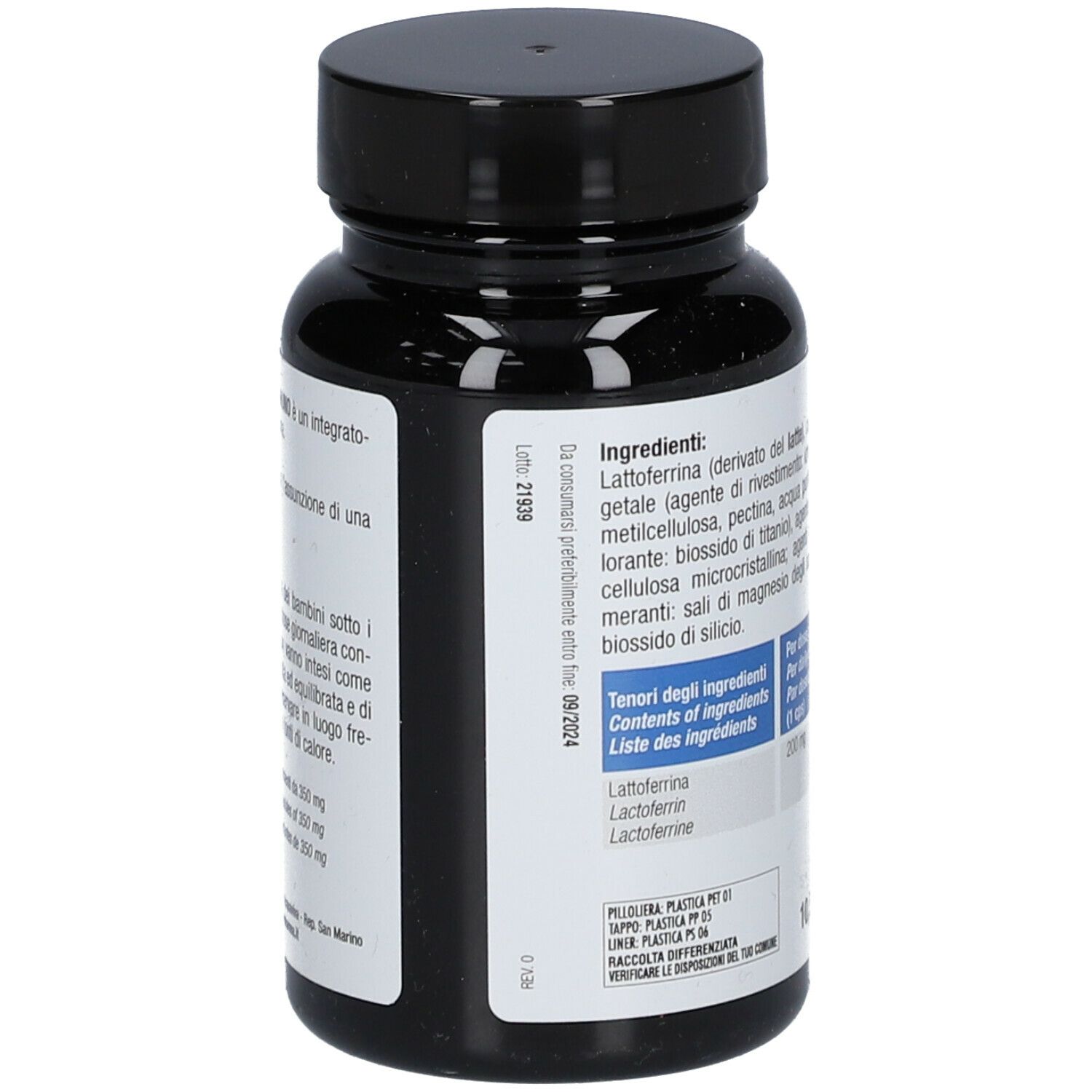 Dos du flacon noir. Inscription : Lattoferrina 200 IMMUNO. Liste des ingrédients, informations nutritionnelles.