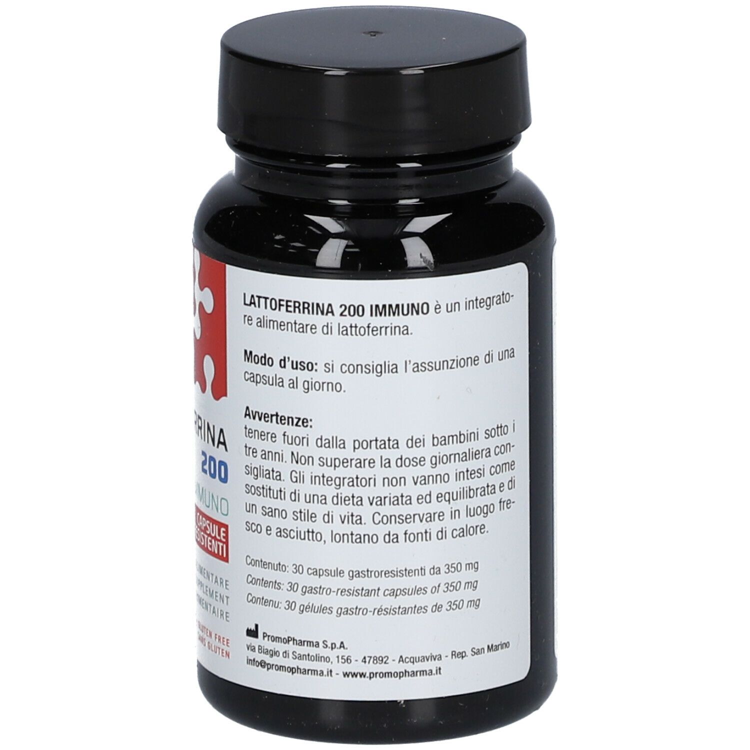 Dos du flacon noir. Inscription : Lattoferrina 200 IMMUNO. Mode d'emploi, avertissements.