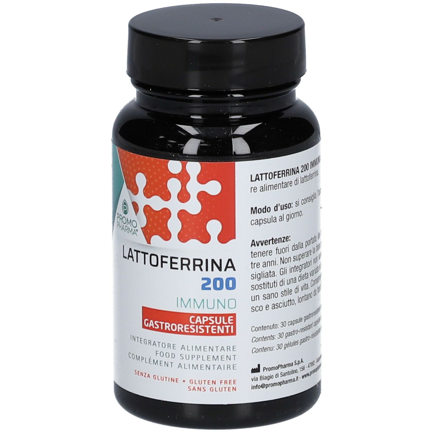 Flacon noir avec impression du produit. Inscription : Lattoferrina 200 IMMUNO. Gélules. Sans gluten.