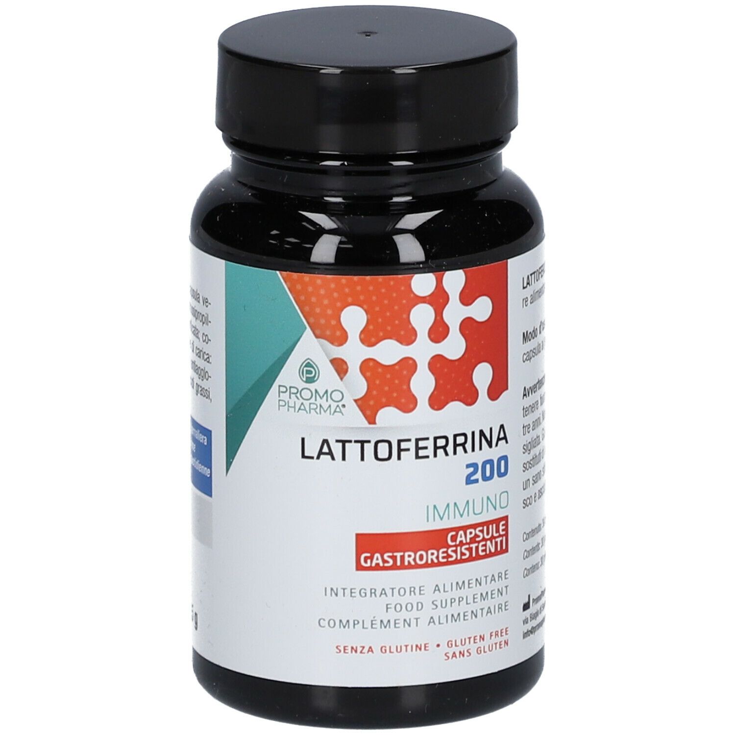 Flacon noir avec impression du produit. Inscription : Lattoferrina 200 IMMUNO. Gélules. Sans gluten.