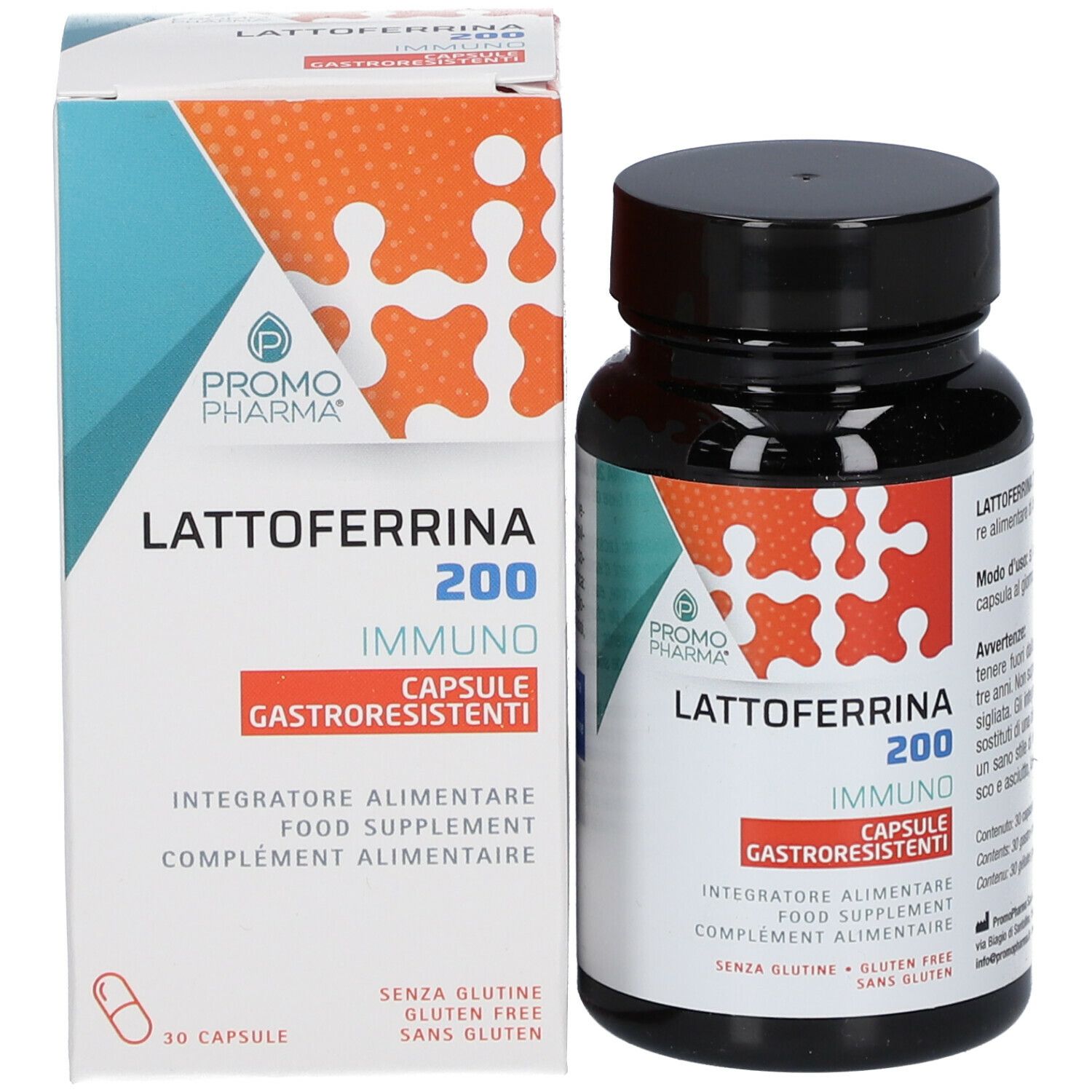 Flacon noir et boîte avec impression du produit. Inscription : Lattoferrina 200 IMMUNO. 30 gélules.