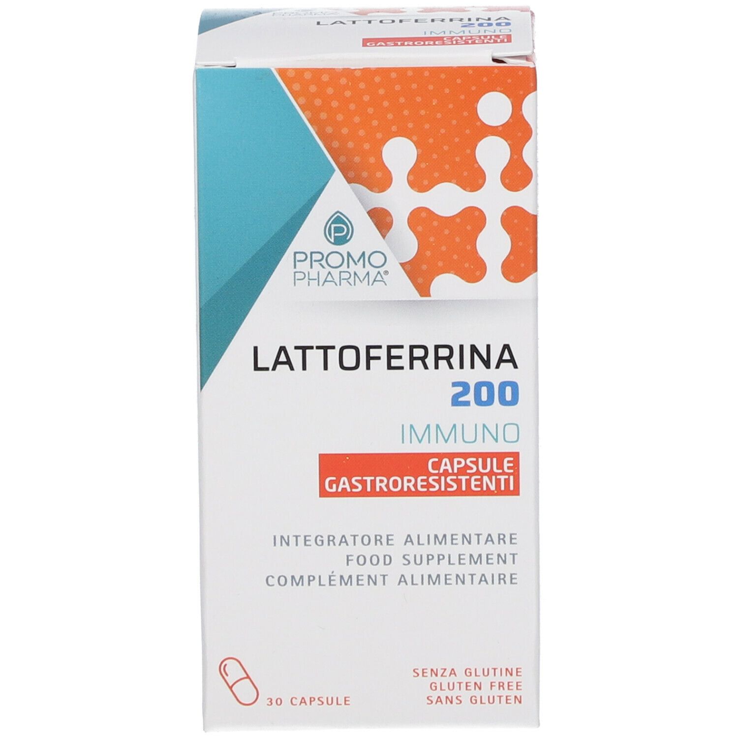 Boîte avec impression du produit. Inscription : Lattoferrina 200 IMMUNO. 30 gélules. Sans gluten.