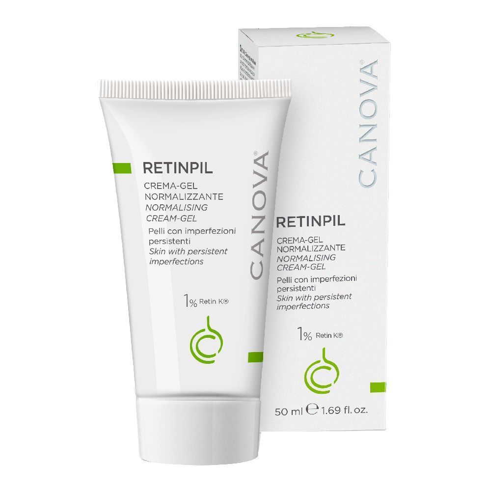 Tubo e scatola di crema-gel. Scritta: Retinpil, Crema-gel normalizzante. Contiene 1% Retin K8.