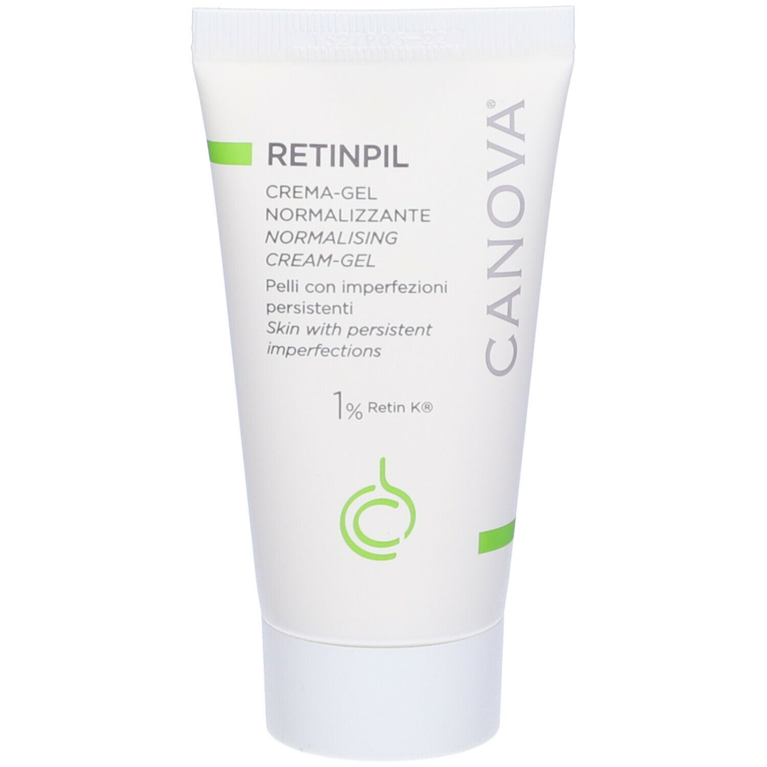 Tubo bianco con scritta Retinpil, Crema-gel normalizzante. Contiene 1% Retin K8. Marchio Canova.