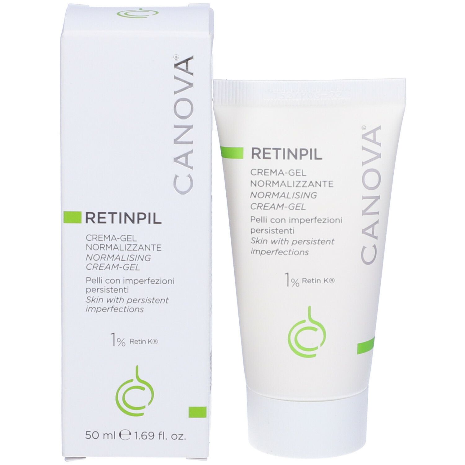 Tubo e scatola di crema-gel. Scritta: Retinpil, Crema-gel normalizzante. Contiene 1% Retin K8.