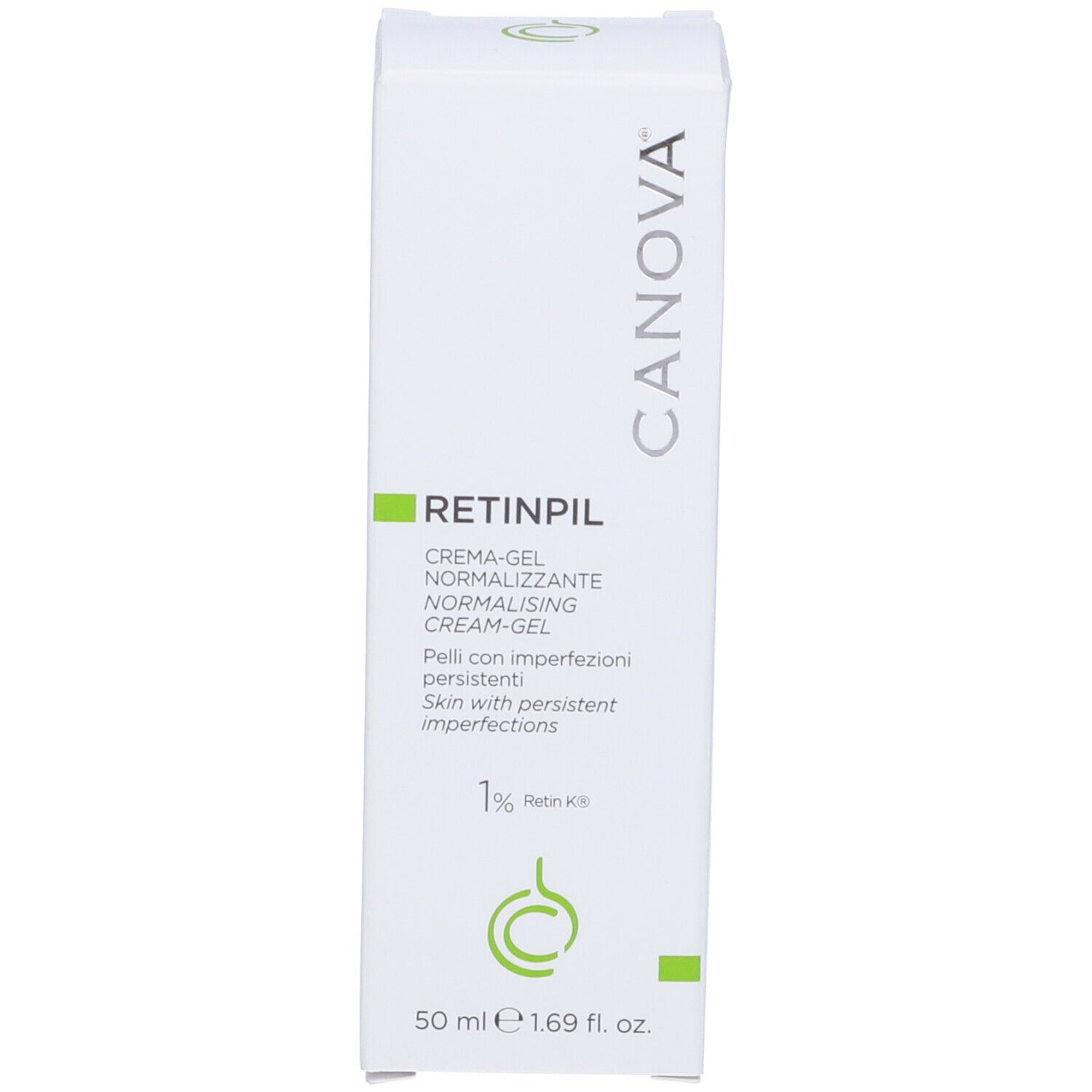 Scatola con scritta Retinpil, Crema-gel normalizzante. Contiene 1% Retin K8. Marchio Canova.