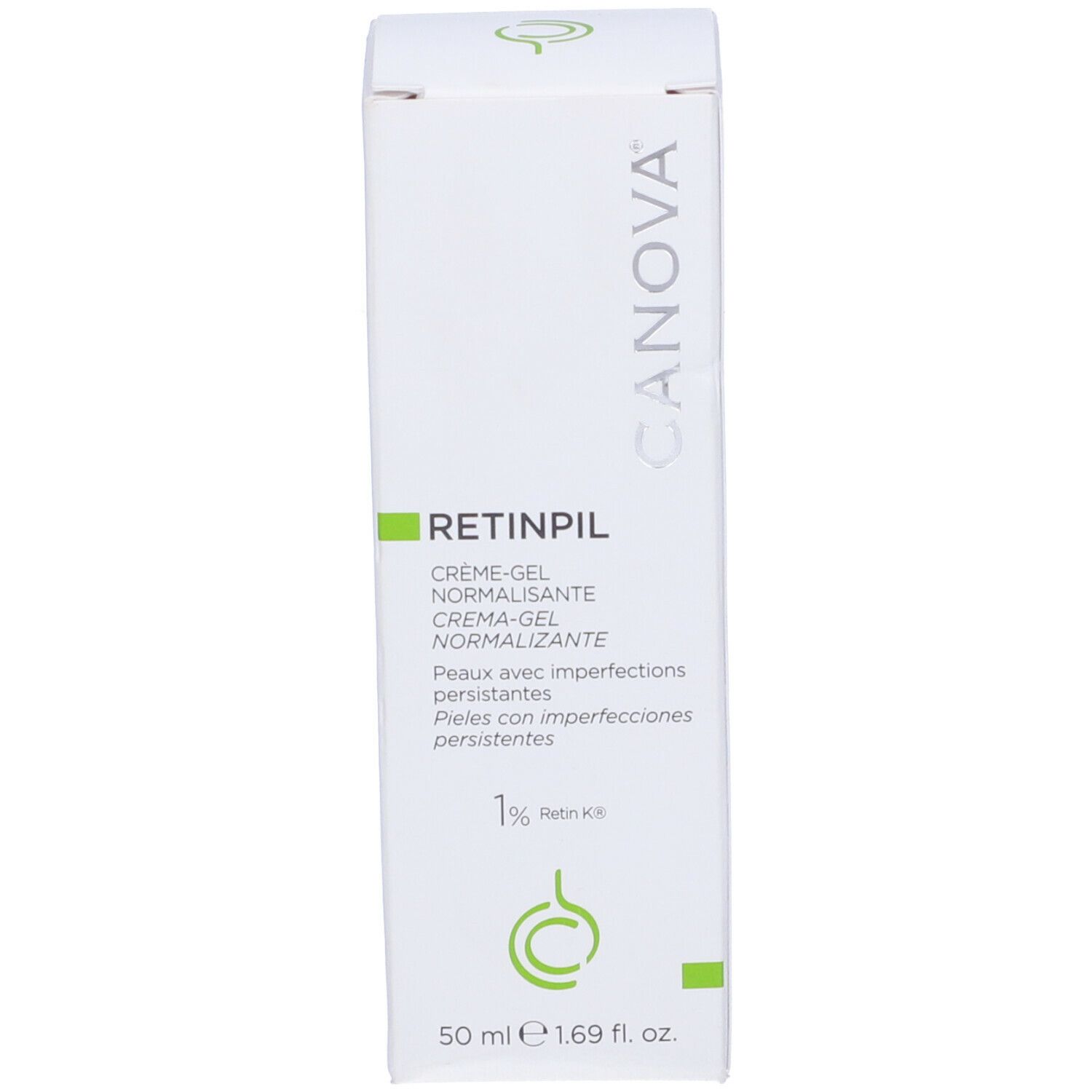 Scatola con scritta Retinpil, Crema-gel normalizzante. Contiene 1% Retin K8. Marchio Canova.