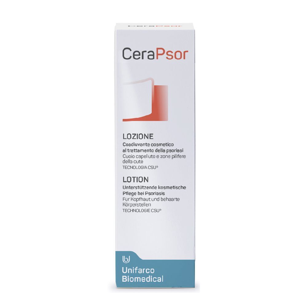 Confezione di CeraPsor Lozione. Bianca con accento rosso. Testo: Lozione, Lotion, Unifarco Biomedical.