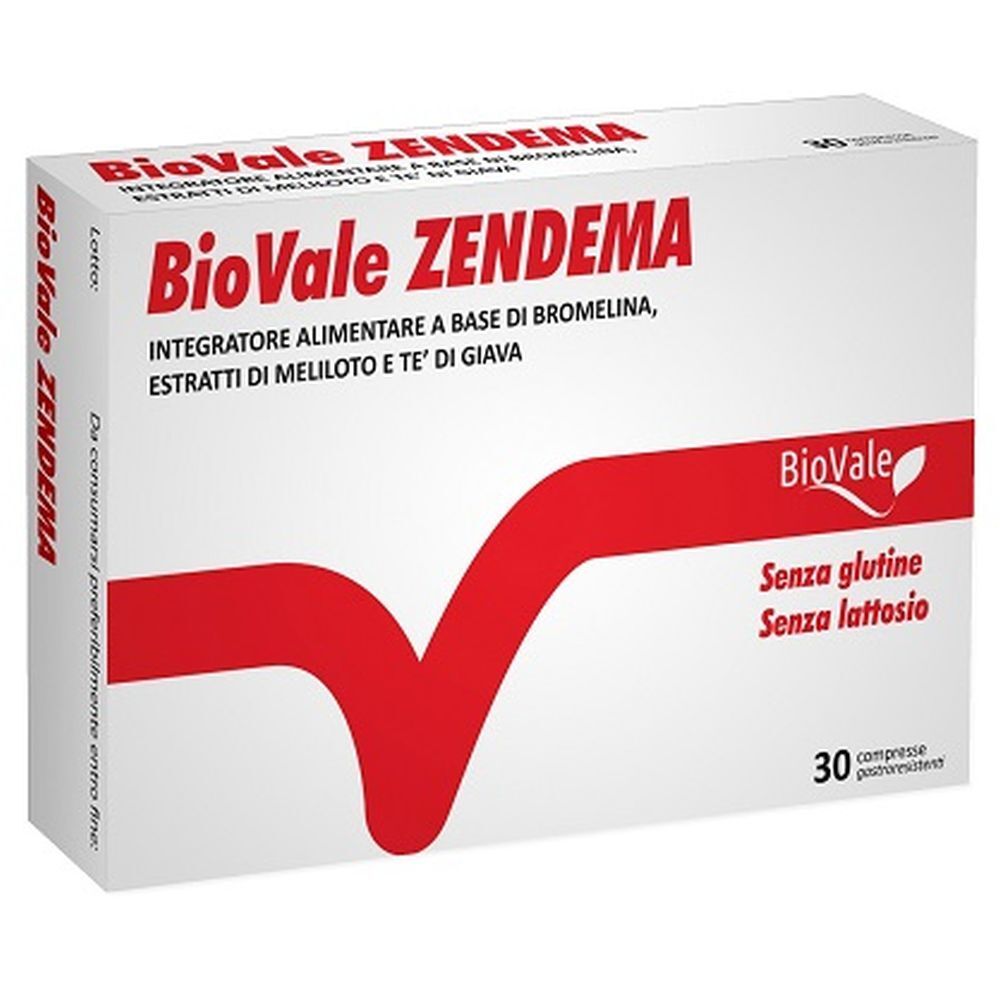 Scatola bianca con design a V rosso. Scritta: BioVale Zendema, 30 compresse, senza glutine, senza lattosio.