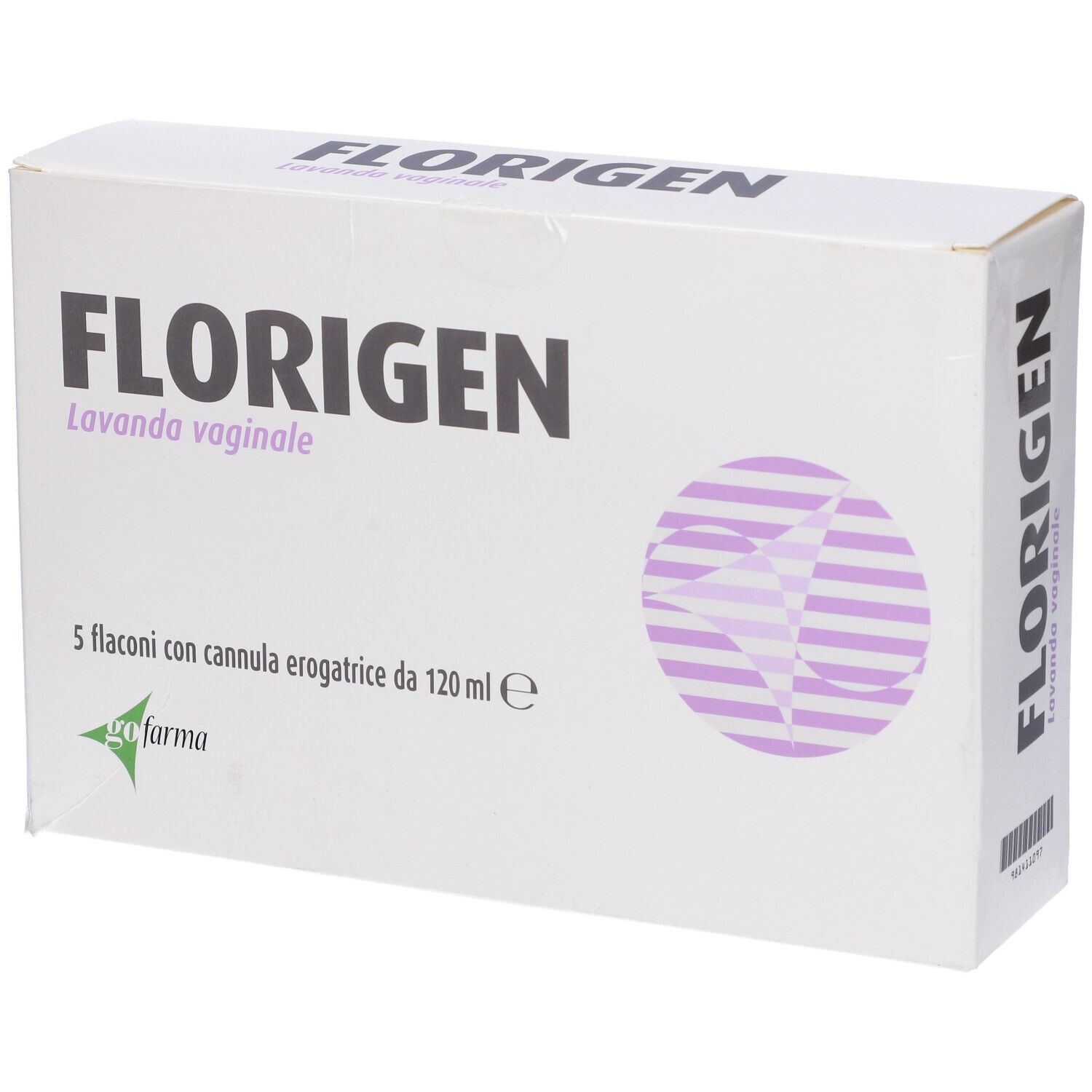 Confezione di Florigen Lavanda vaginale. Scatola bianca con nome prodotto e grafica viola. Contiene 5 flaconi.