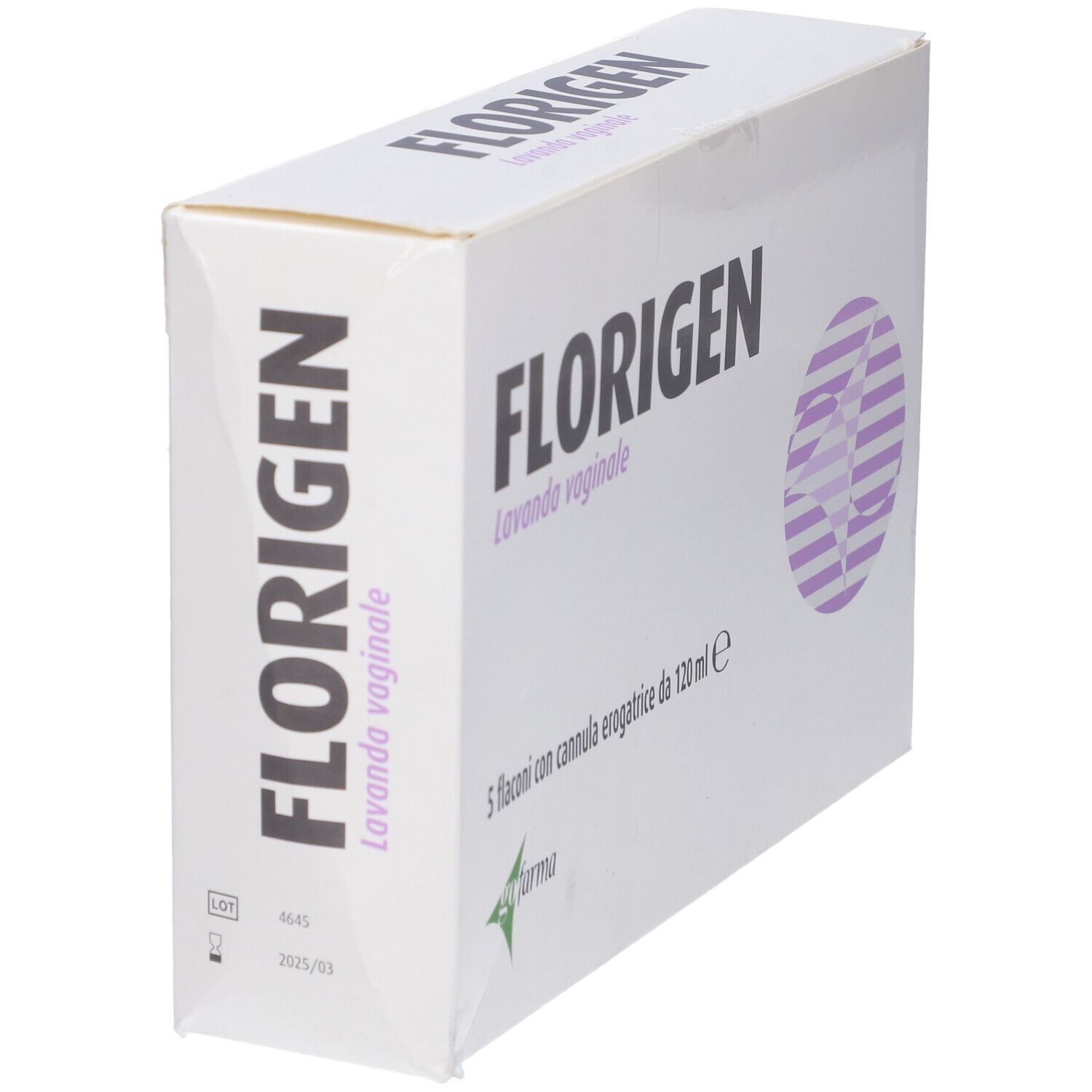 Confezione Florigen Lavanda vaginale. Scatola bianca con nome prodotto e grafica viola. Vista laterale.