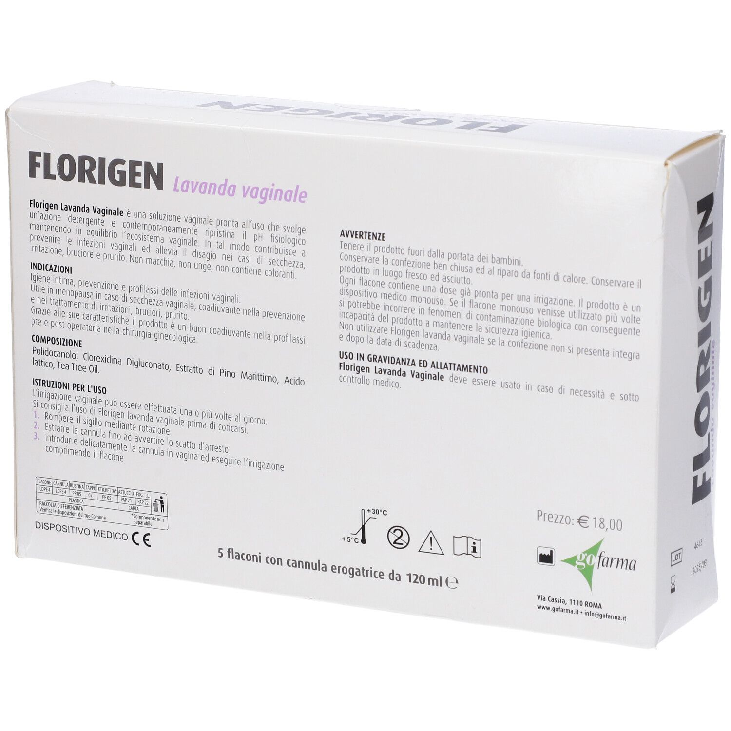 Retro confezione Florigen Lavanda vaginale. Informazioni testuali e simboli su scatola bianca.