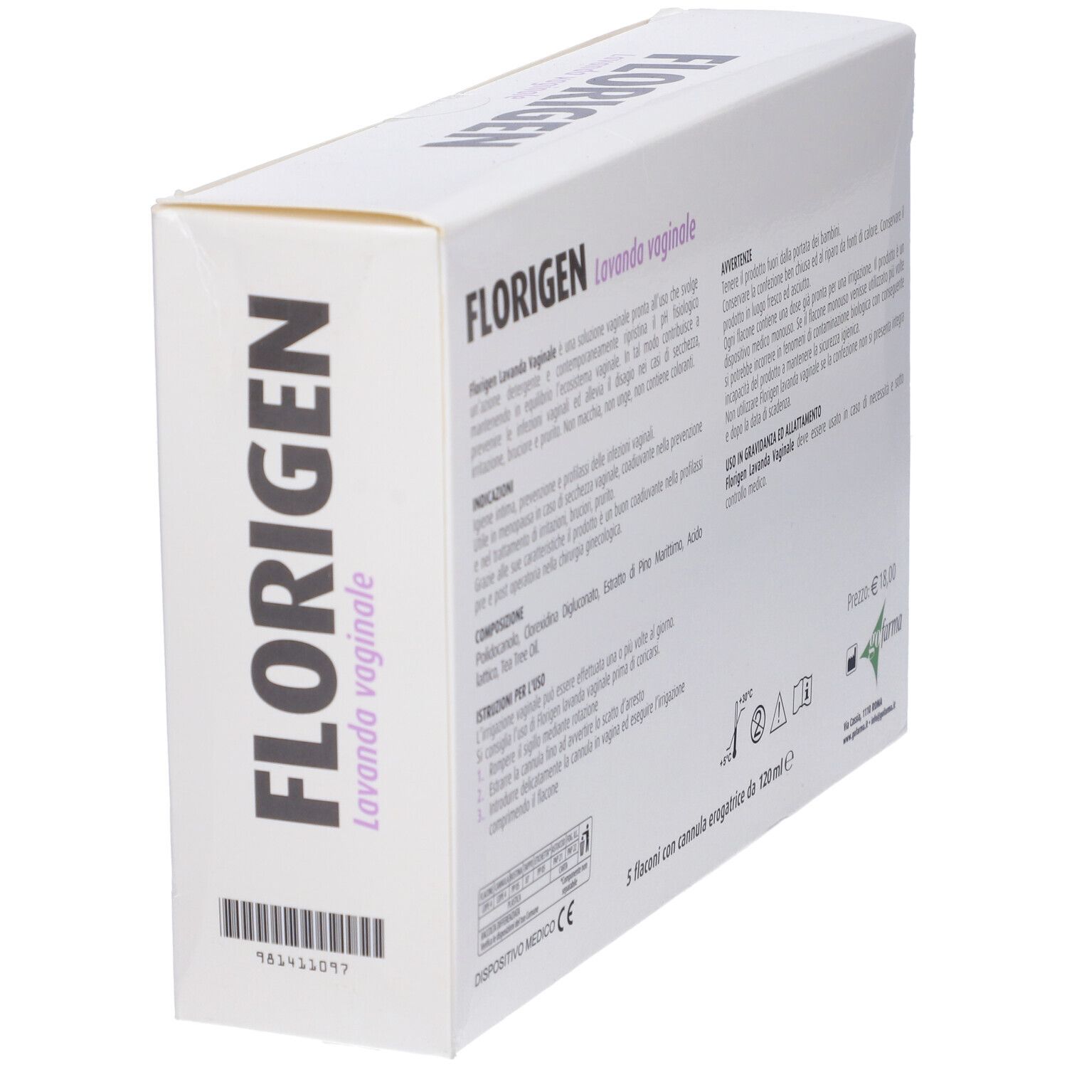 Retro confezione Florigen Lavanda vaginale. Testo e codice a barre su scatola bianca.