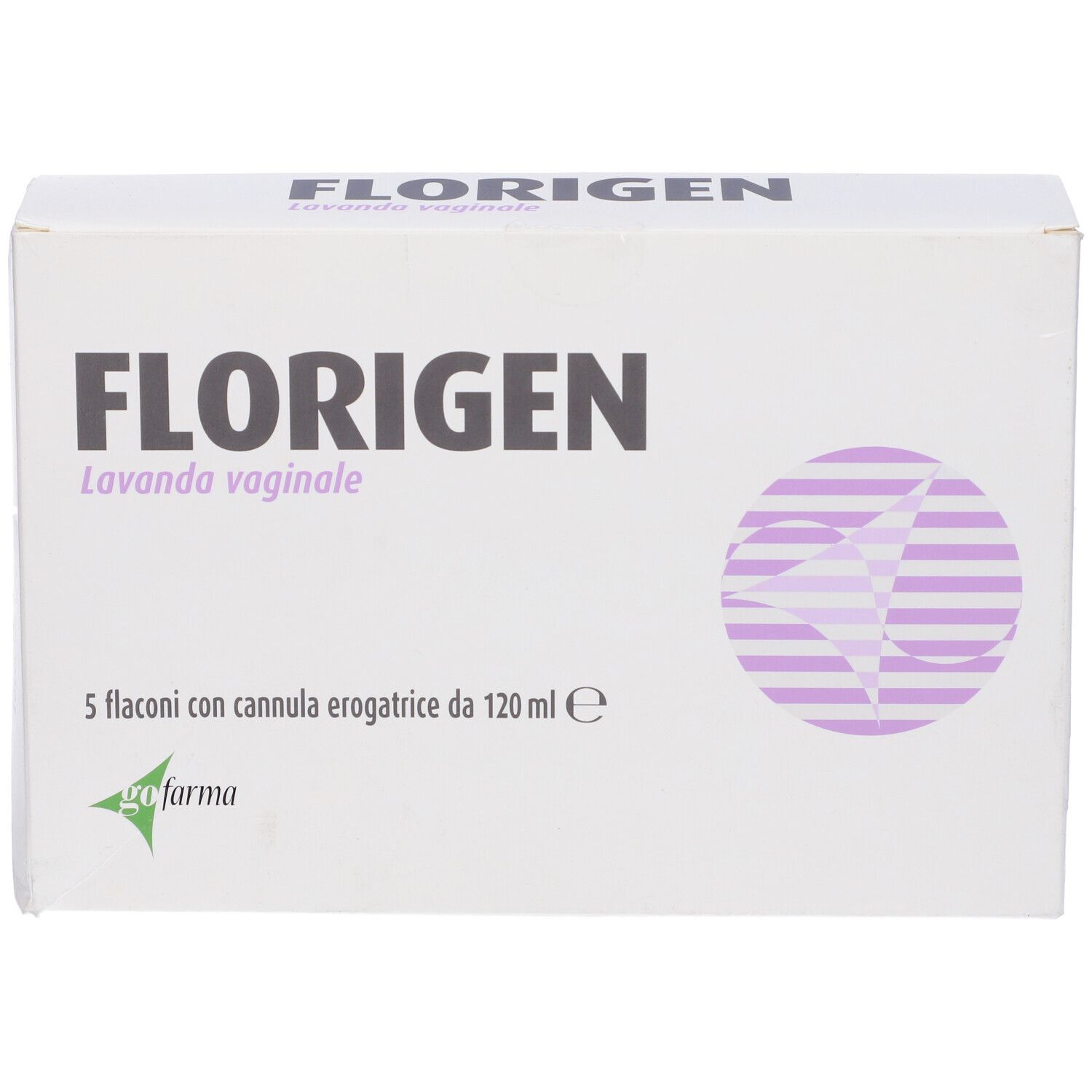 Confezione Florigen Lavanda vaginale. Scatola bianca con nome prodotto e grafica viola. Contiene 5 flaconi.