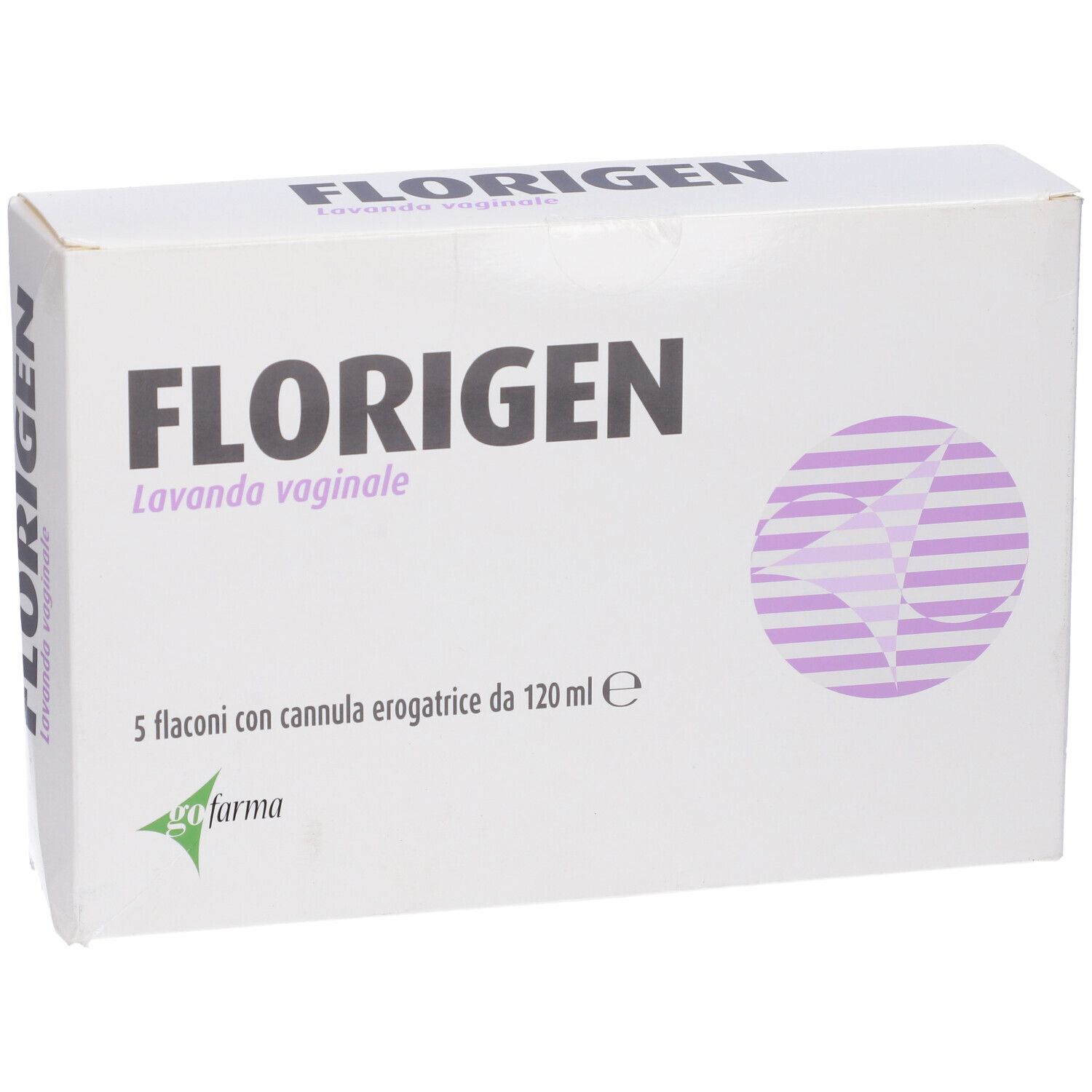 Confezione Florigen Lavanda vaginale. Scatola bianca con nome prodotto e grafica viola. Contiene 5 flaconi.