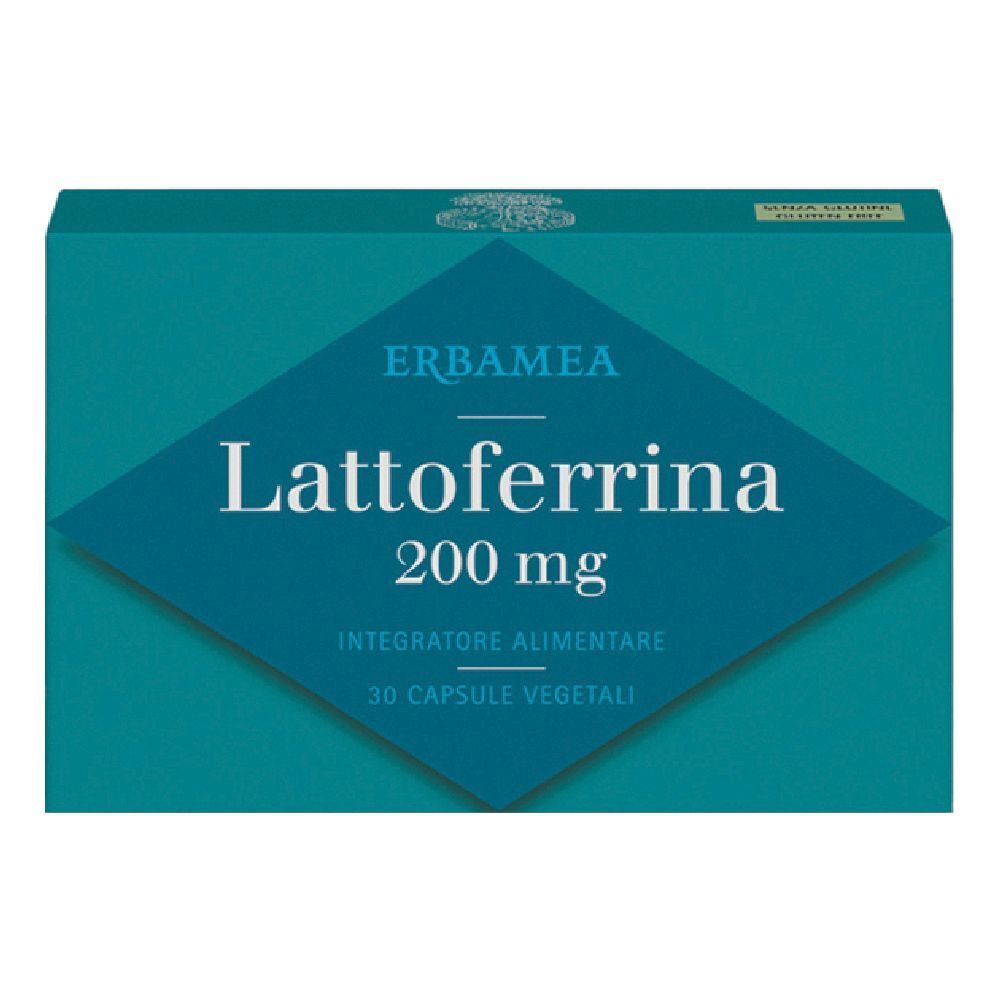 Scatola turchese con testo bianco. Scritto: Lattoferrina 200 mg, 30 capsule. Marchio: Erbamea. Integratore alimentare.
