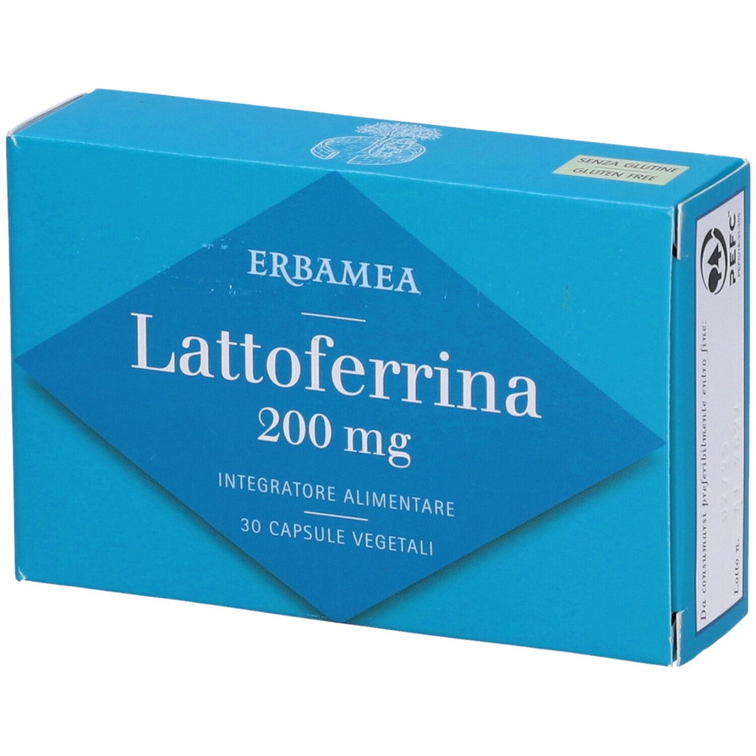 Scatola turchese, vista diagonale. Scritto: Lattoferrina 200 mg, 30 capsule. Marchio: Erbamea. Integratore alimentare.