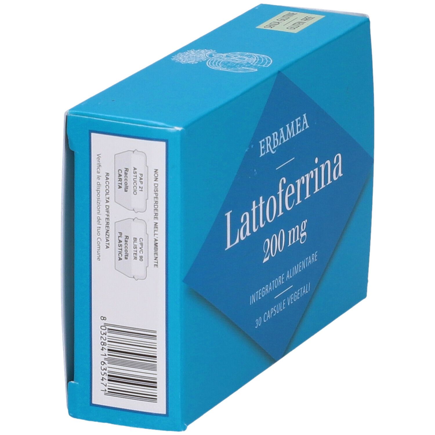 Scatola turchese, vista laterale. Scritto: Lattoferrina 200 mg, 30 capsule. Marchio: Erbamea. Integratore alimentare.