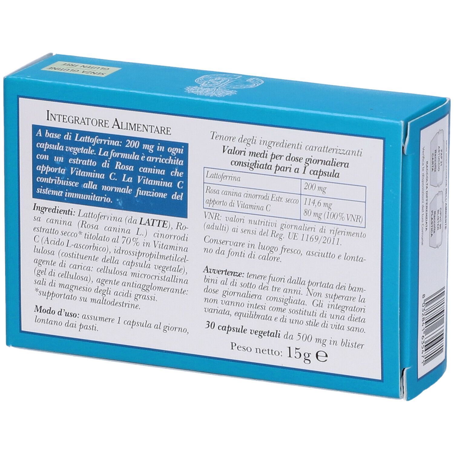 Retro della scatola turchese. Testo con ingredienti e informazioni nutrizionali. 30 capsule. Peso: 15g.
