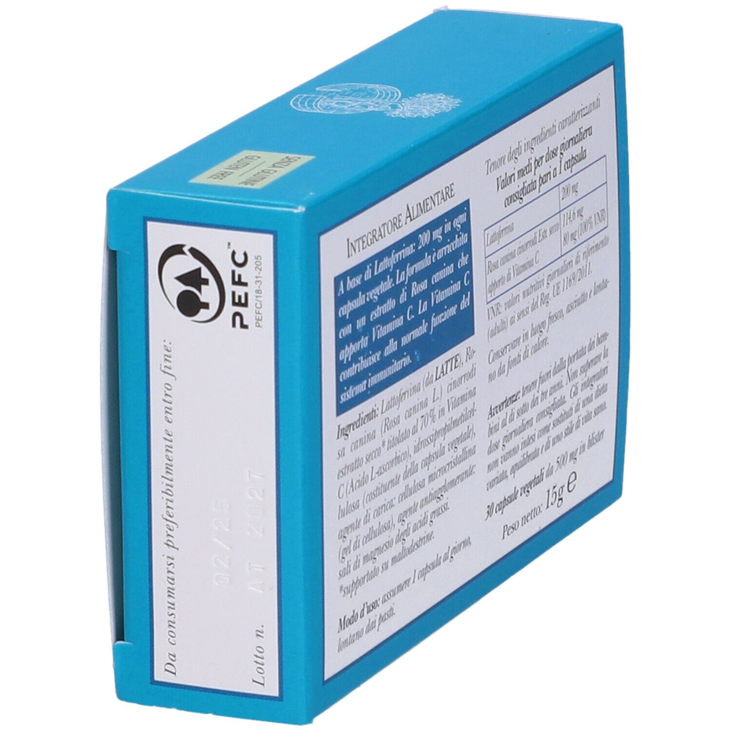 Vista laterale della scatola turchese. Testo con ingredienti e informazioni nutrizionali. 30 capsule. Peso: 15g.